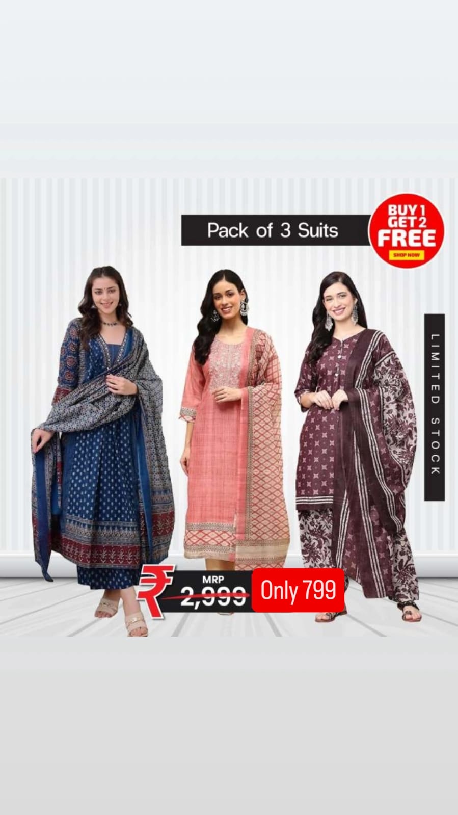 Women's Festive Floral Suit Set – Pack of 3 | Buy 1 Get 2 Free
