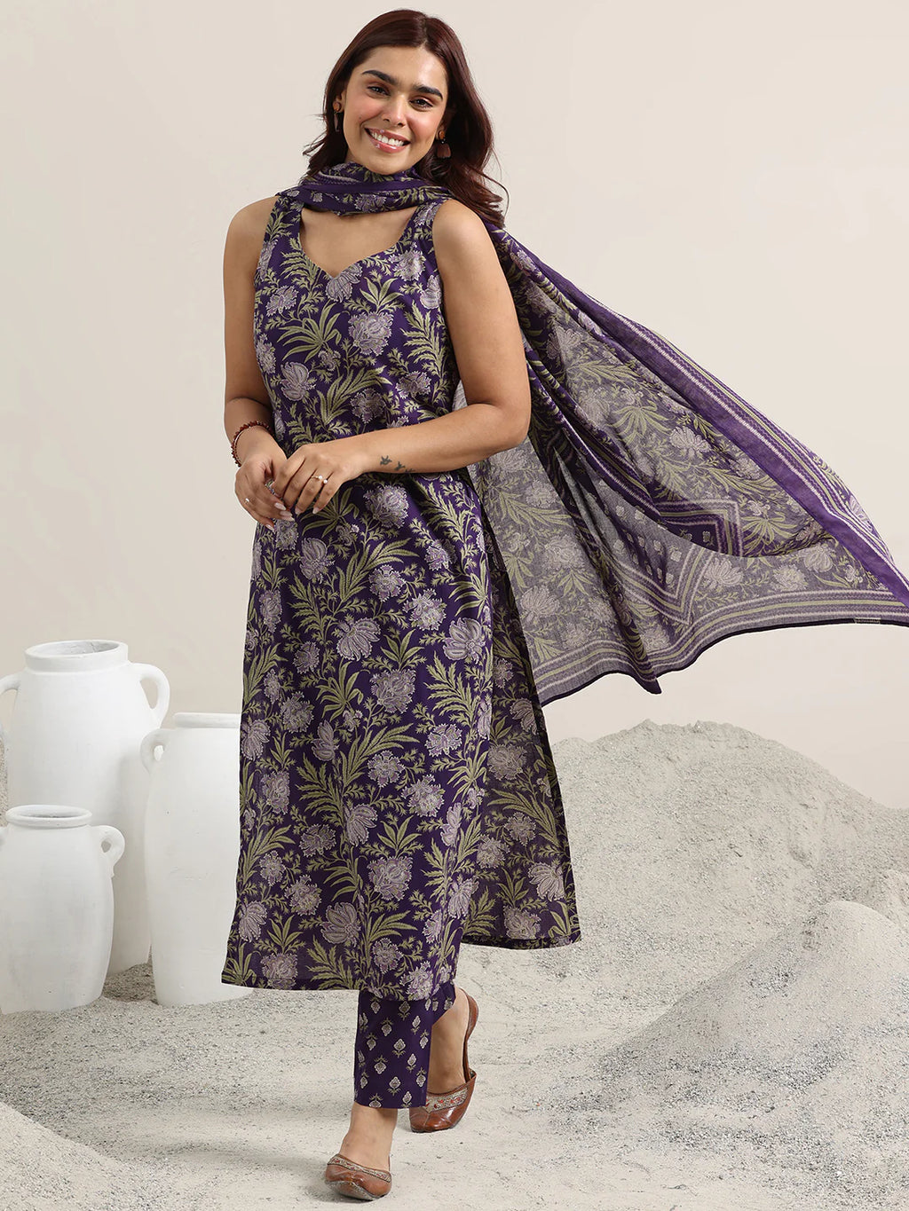 Purple Printed Cotton Straight Suit With Dupatta