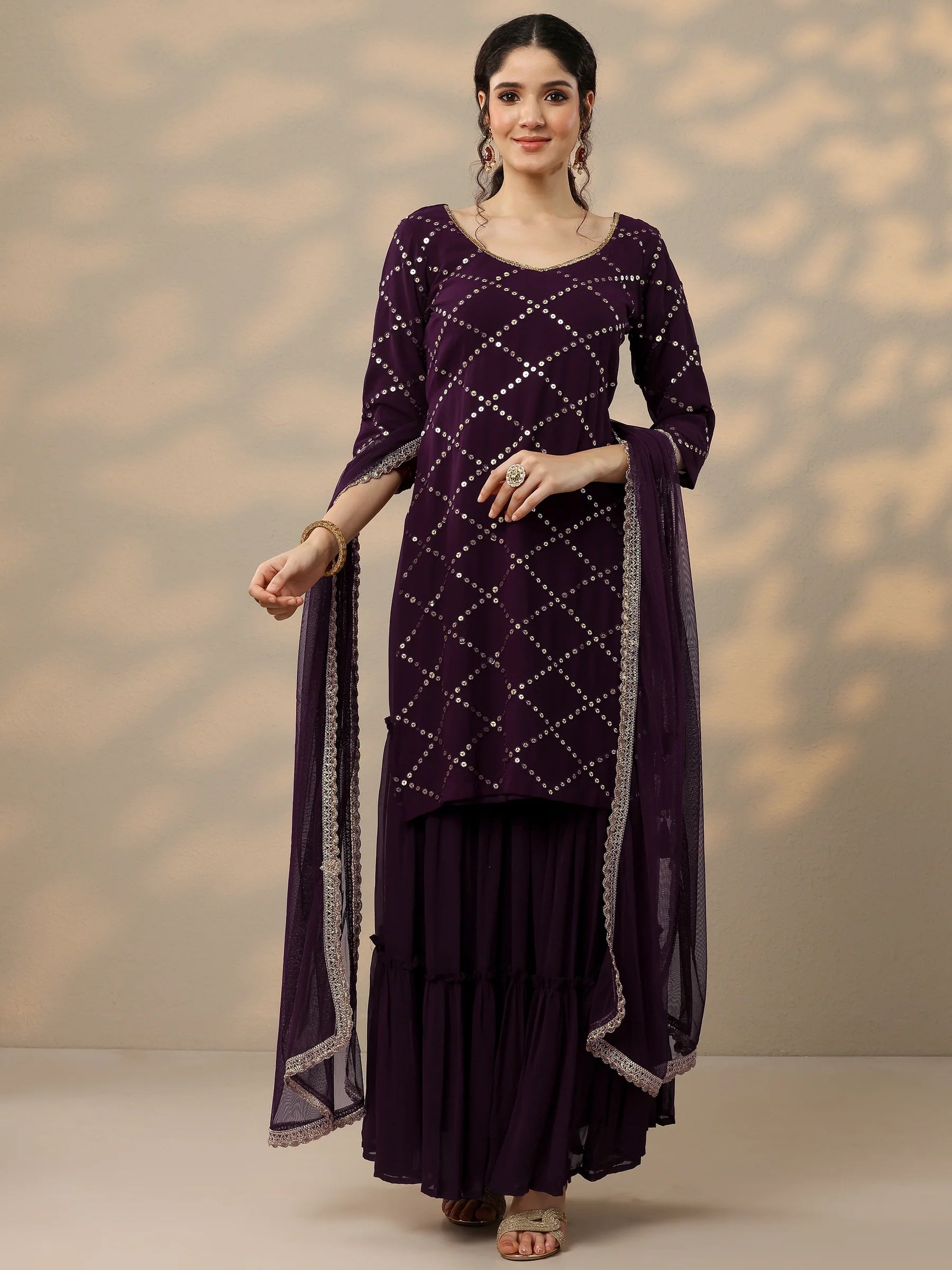 Black & Purple Combo Embroidered Velvet Straight Suit With Dupatta