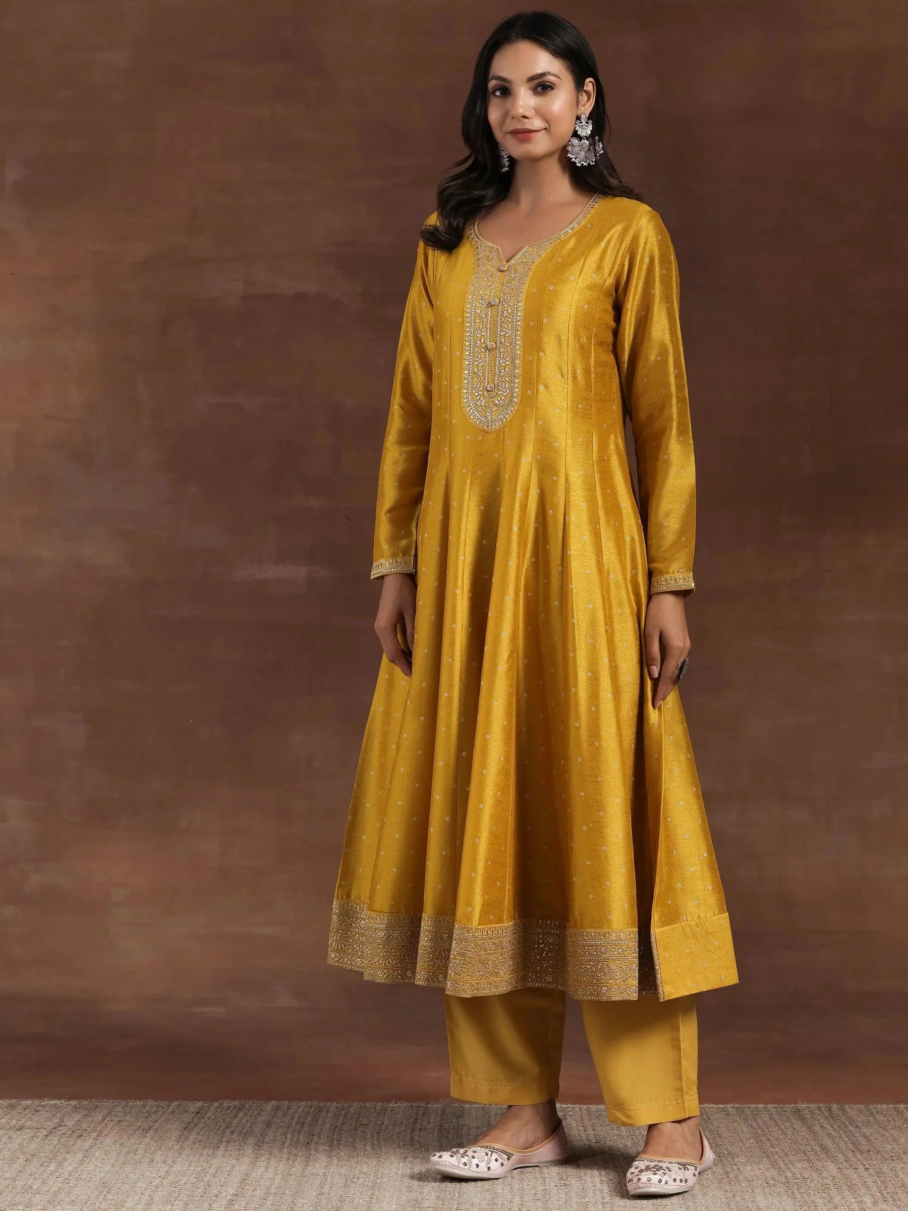 Mustard Embroidered Silk Blend A-Line Kurta With Palazzos & Dupatta