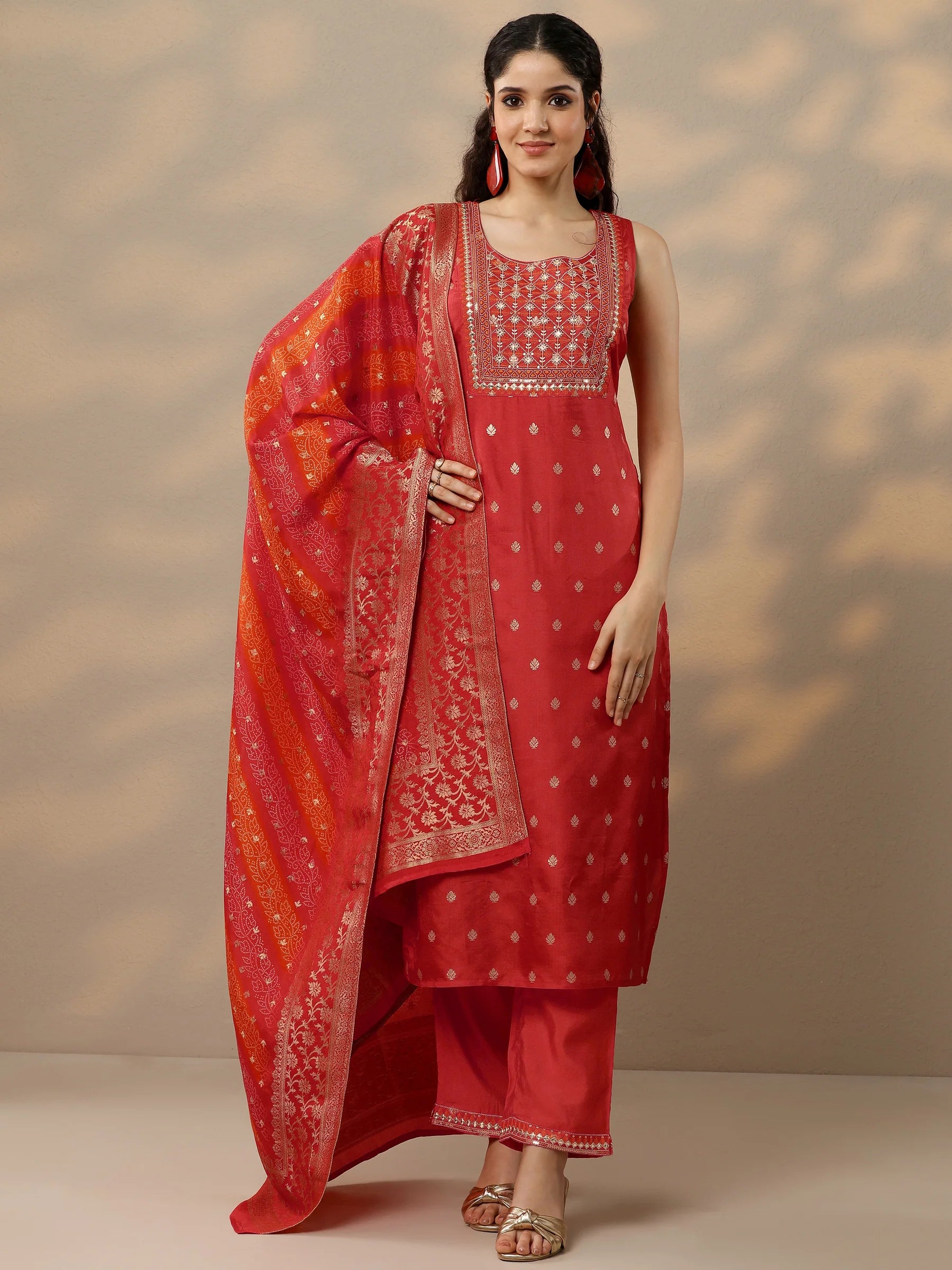 Pink & Orange Woven Design Silk Blend Straight Suit With Dupatta