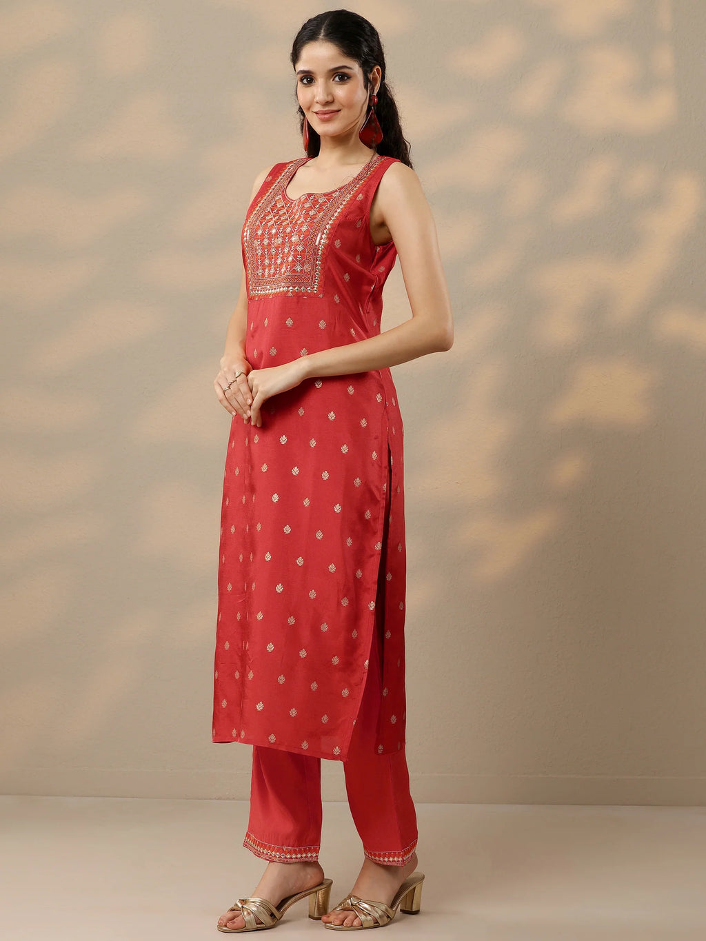 Pink & Orange Woven Design Silk Blend Straight Suit With Dupatta