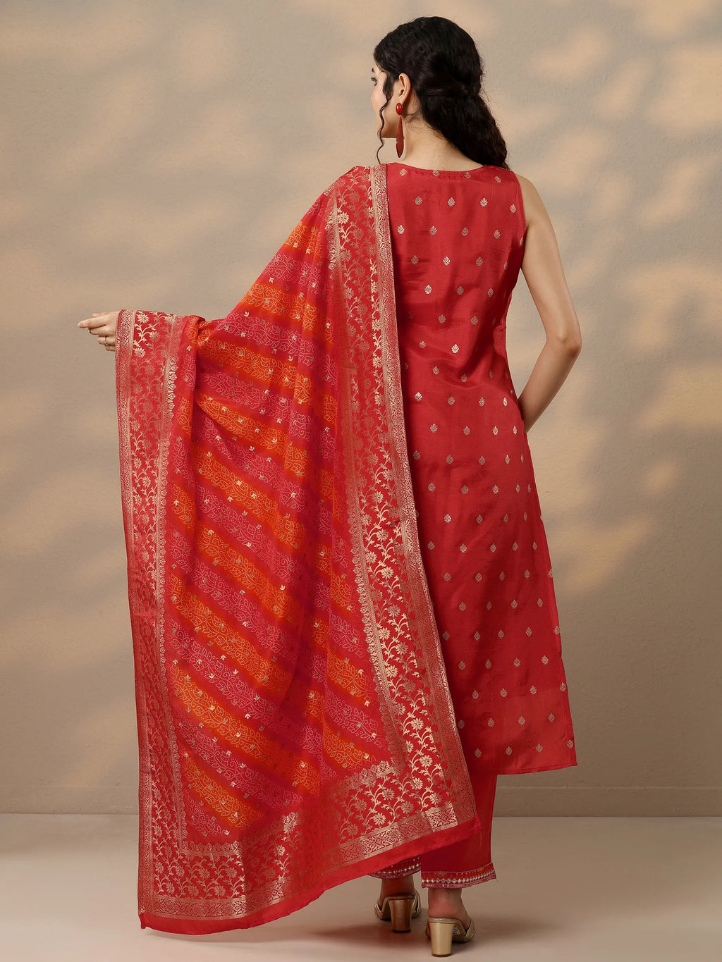 Pink & Orange Woven Design Silk Blend Straight Suit With Dupatta