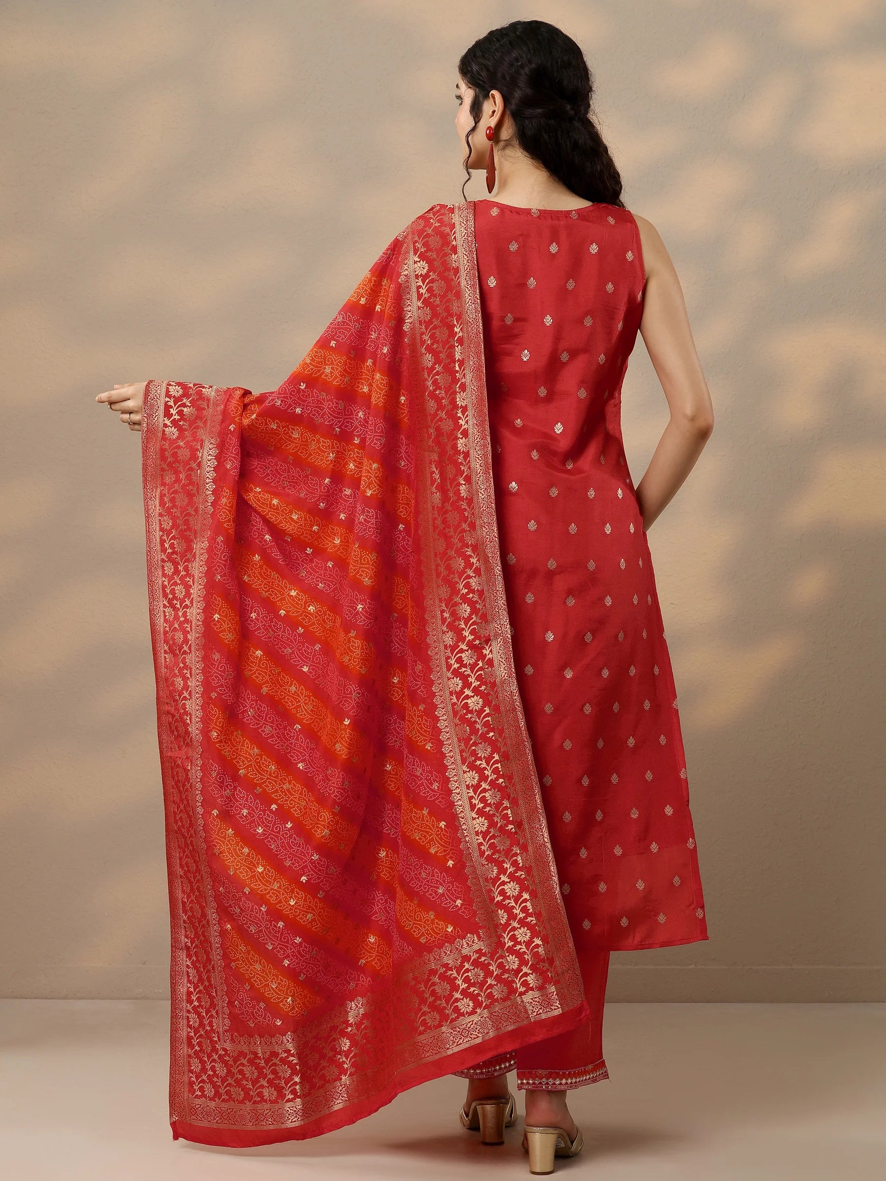 Pink & Orange Woven Design Silk Blend Straight Suit With Dupatta