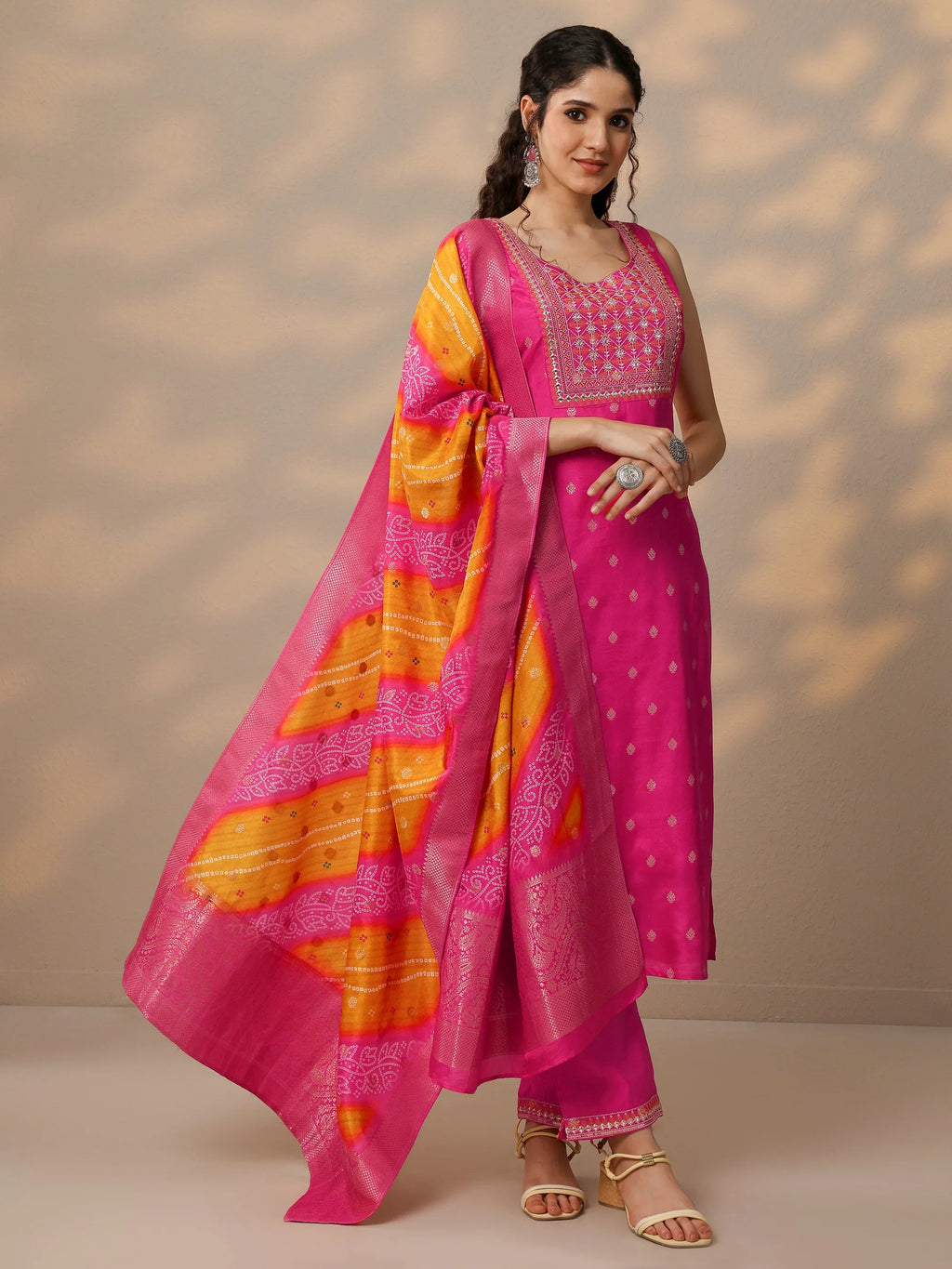 Pink & Orange Woven Design Silk Blend Straight Suit With Dupatta