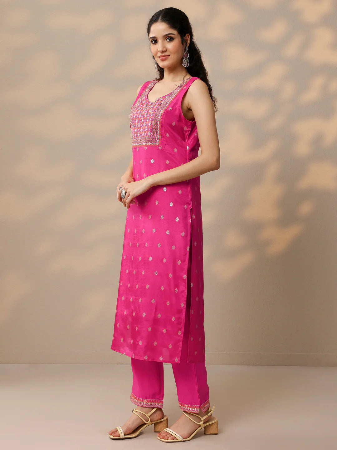 Pink & Orange Woven Design Silk Blend Straight Suit With Dupatta