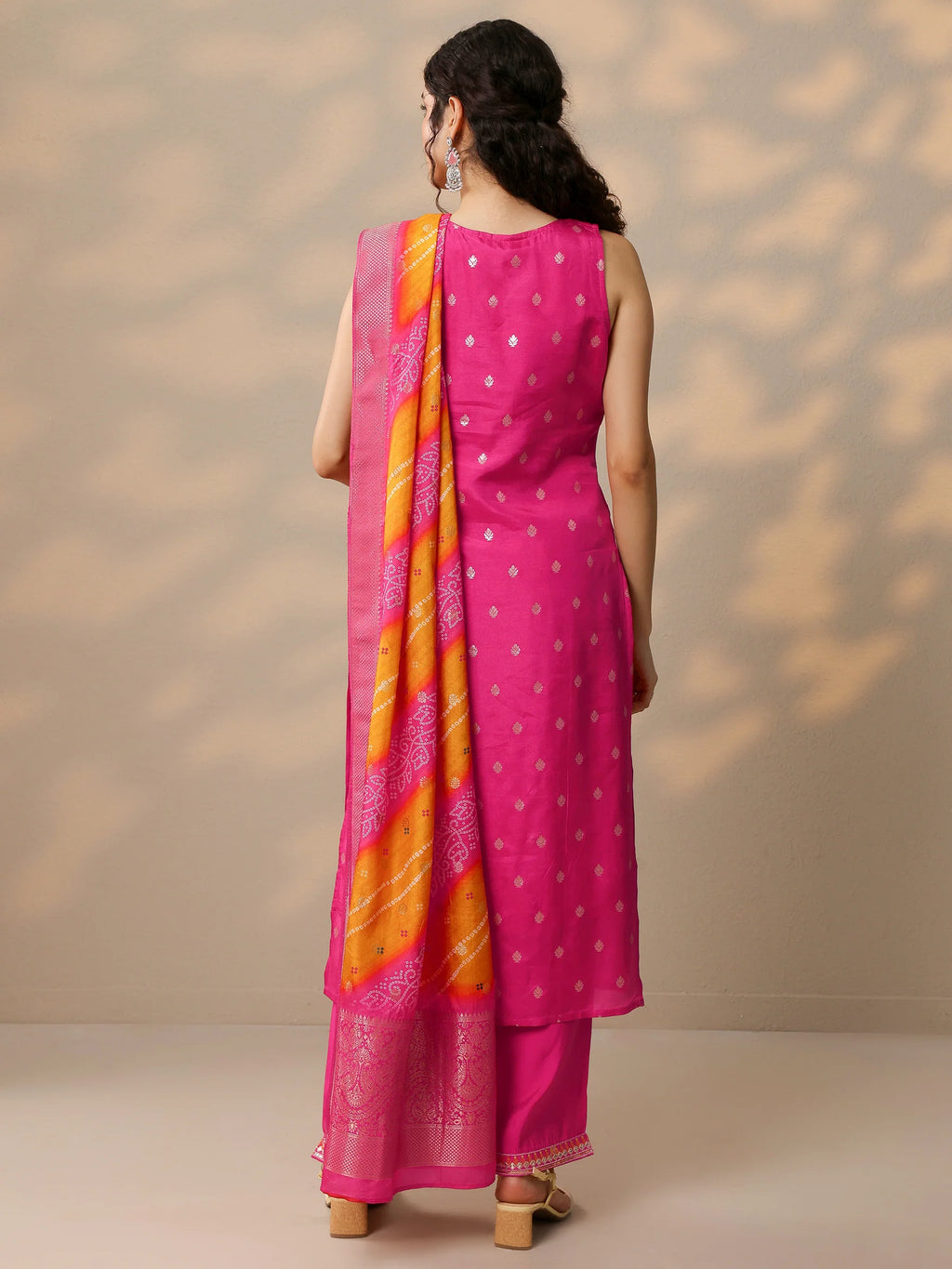 Pink & Orange Woven Design Silk Blend Straight Suit With Dupatta