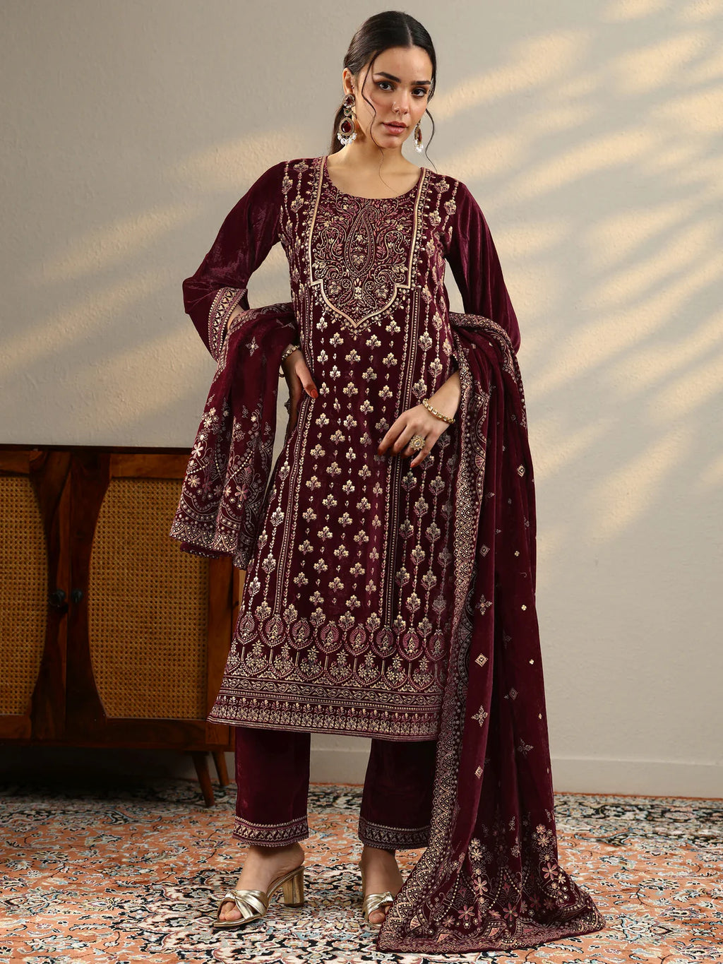 Combo Maroon Printed Velvet Straight Suit With Dupatta