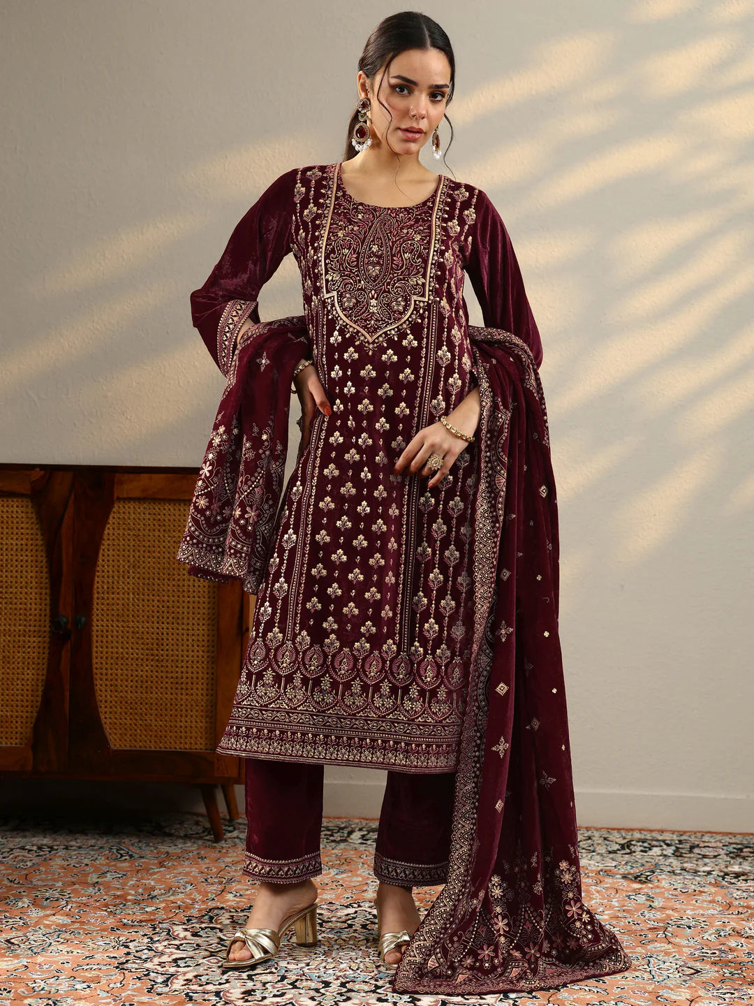 Combo Maroon Printed Velvet Straight Suit With Dupatta