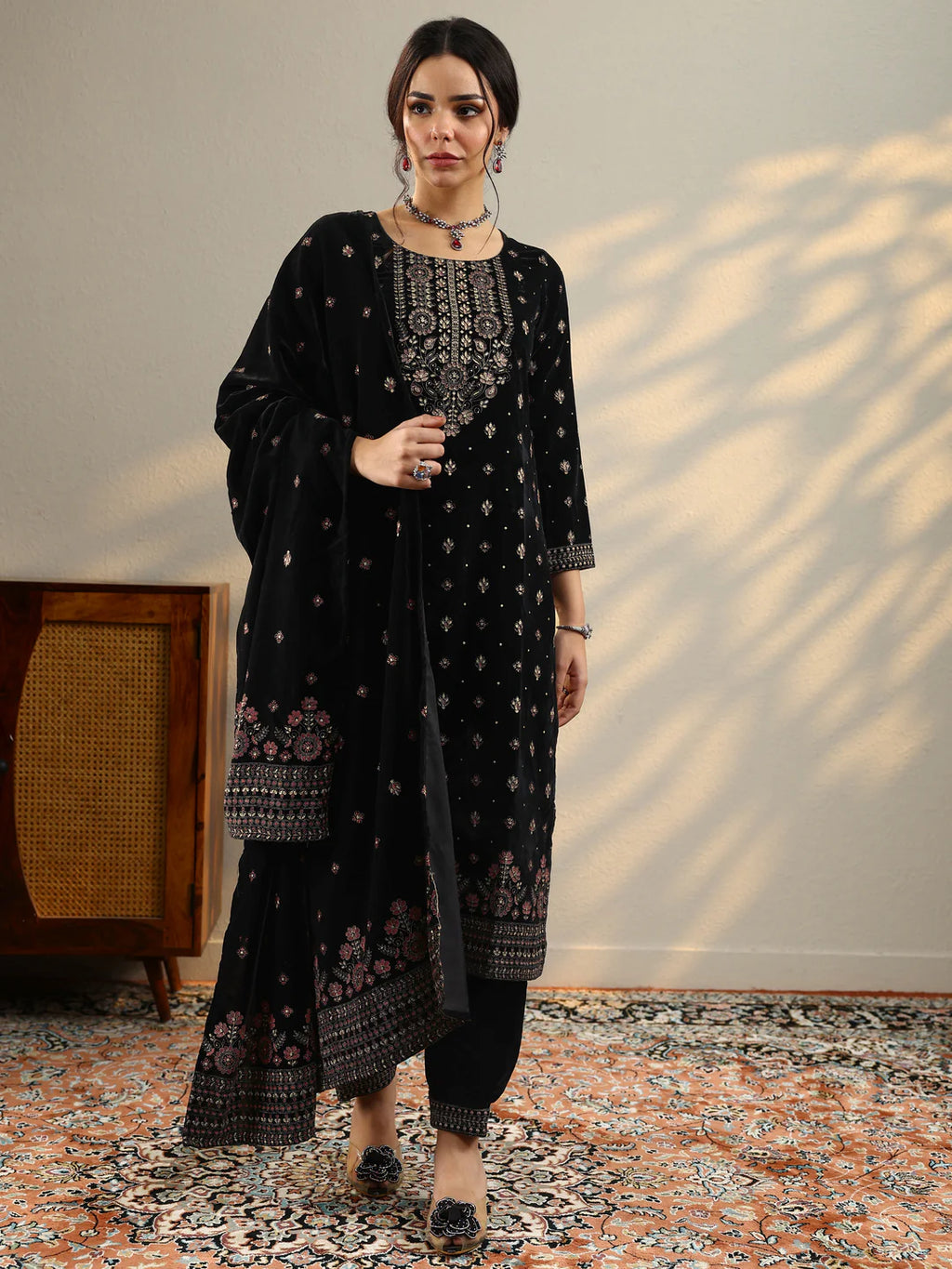 Black & Purple Combo Embroidered Velvet Straight Suit With Dupatta