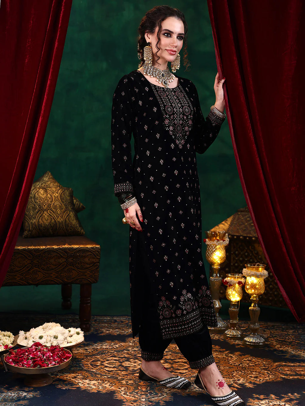 Black Embroidered Velvet Straight Suit With Dupatta