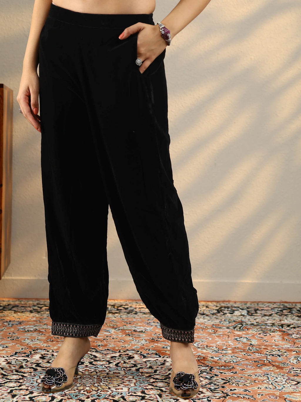 Black & Purple Combo Embroidered Velvet Straight Suit With Dupatta