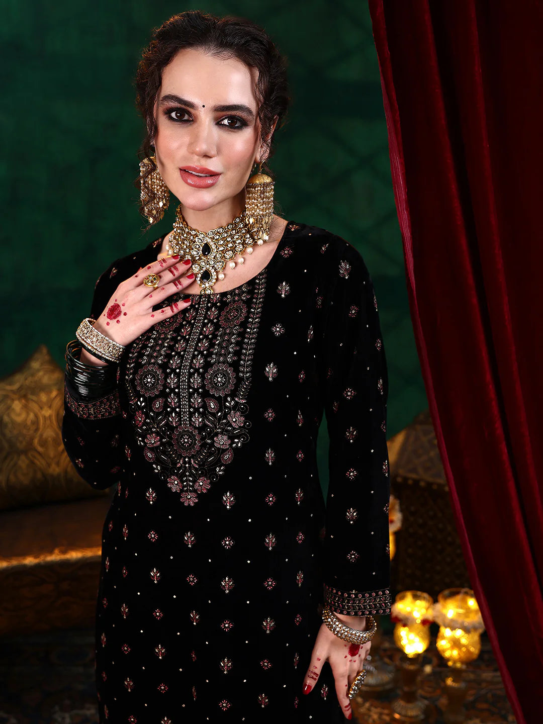 Black Embroidered Velvet Straight Suit With Dupatta