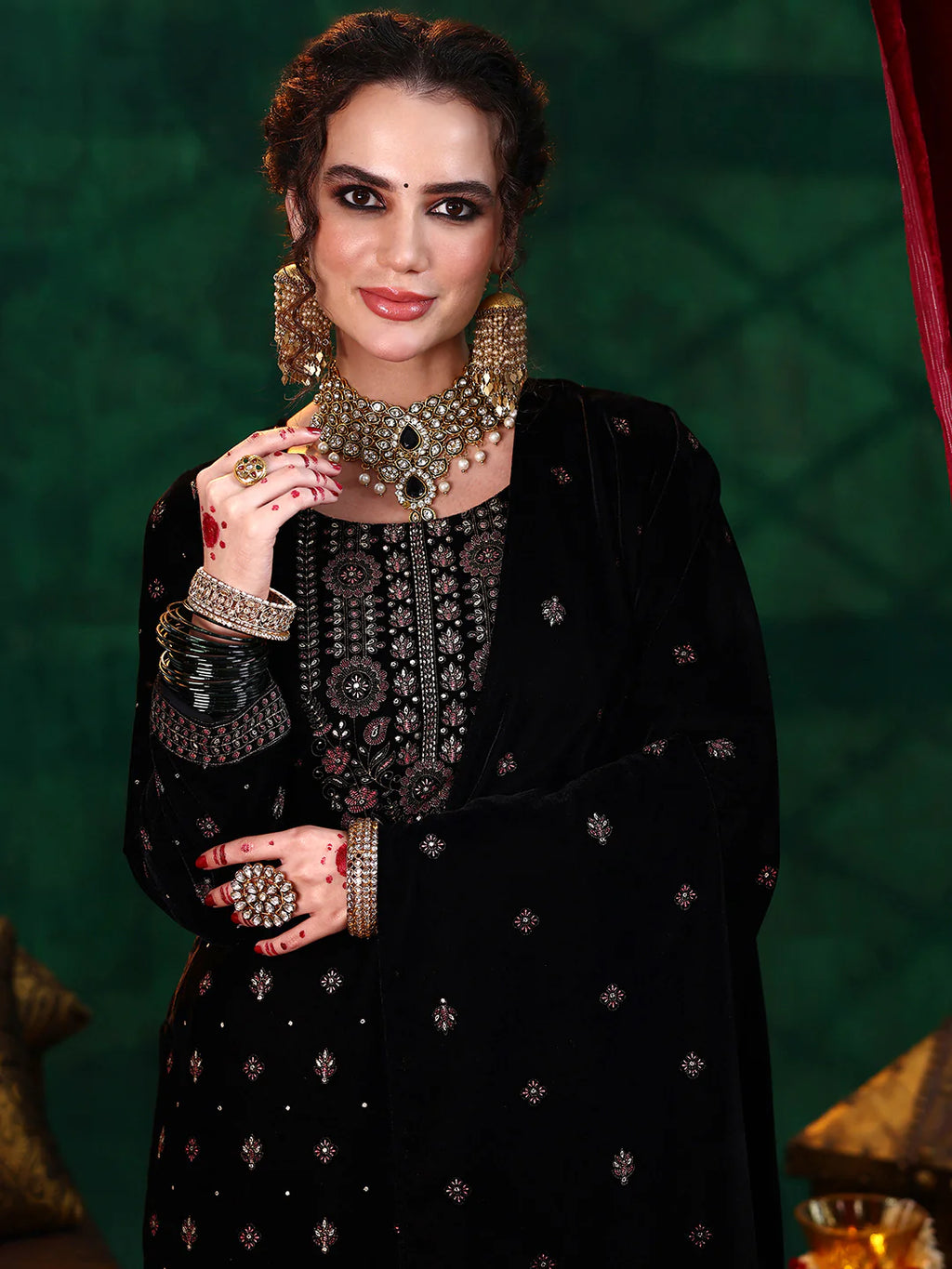 Black Embroidered Velvet Straight Suit With Dupatta