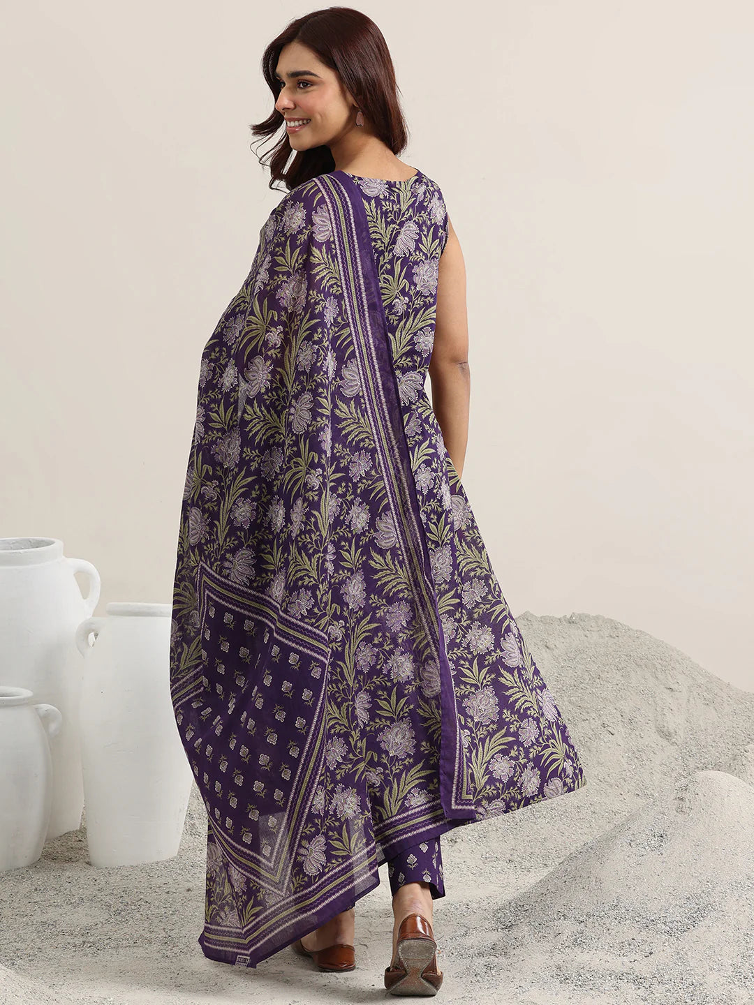 Purple Printed Cotton Straight Suit With Dupatta