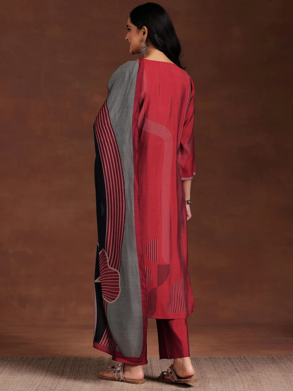 Maroon Printed Silk Blend Straight Suit With Dupatta