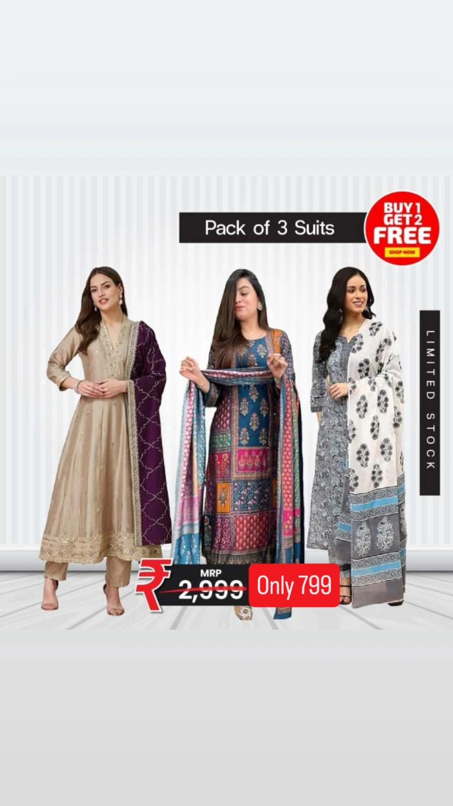 Women's Ethnic Suit Set – Pack of 3 | Buy 1 Get 2 Free