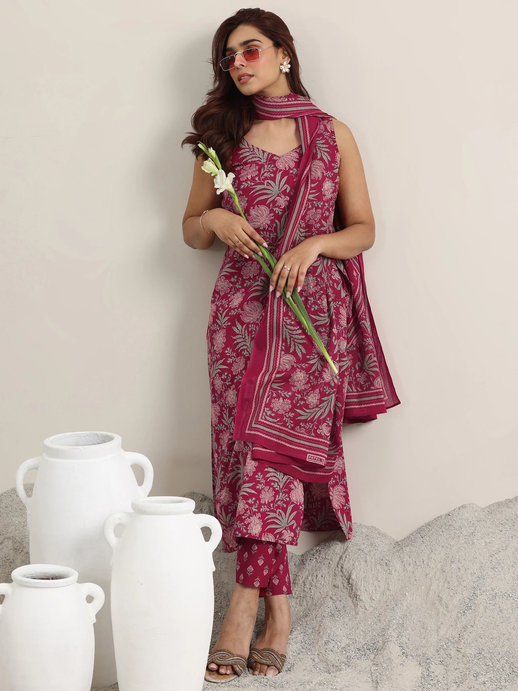 Maroon Printed Cotton Straight Suit With Dupatta