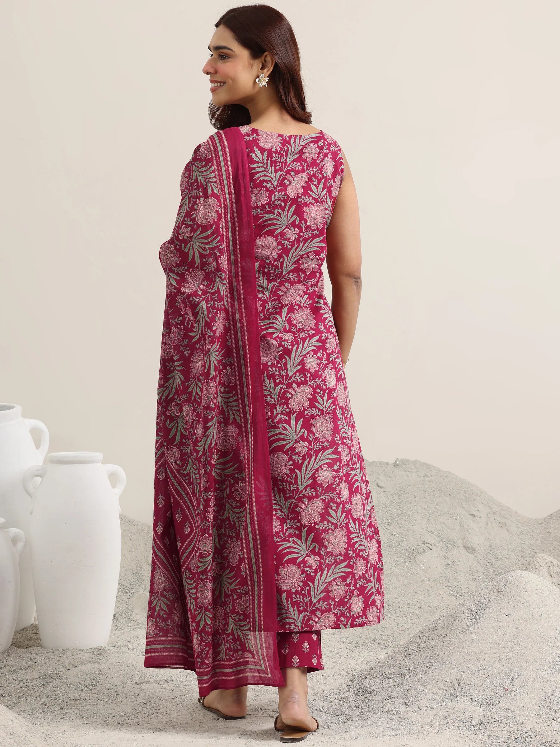 Maroon Printed Cotton Straight Suit With Dupatta