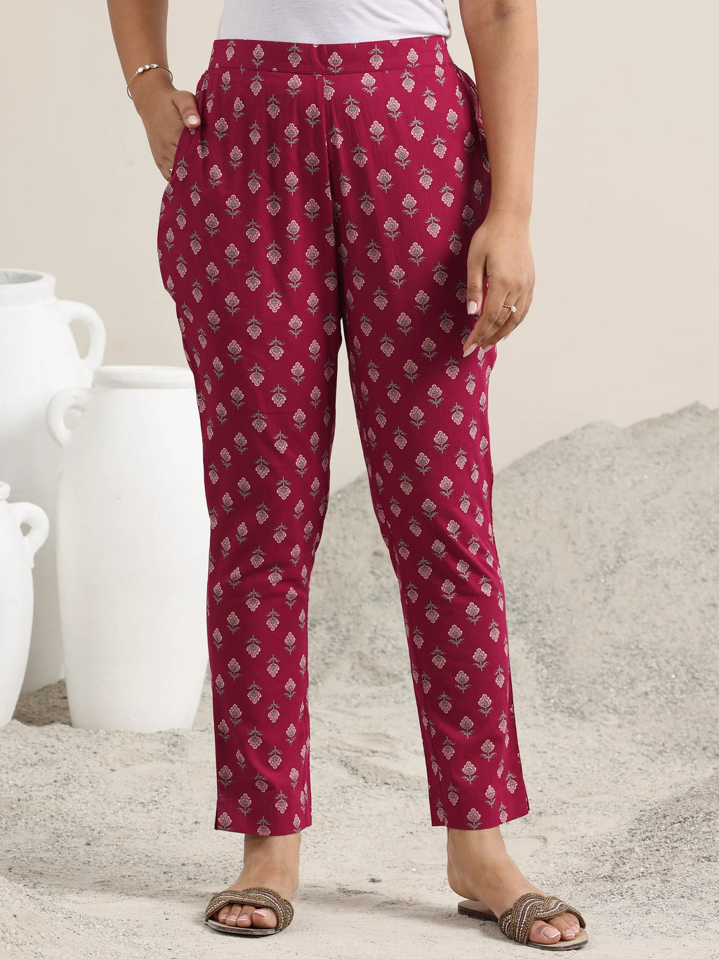 Maroon Printed Cotton Straight Suit With Dupatta