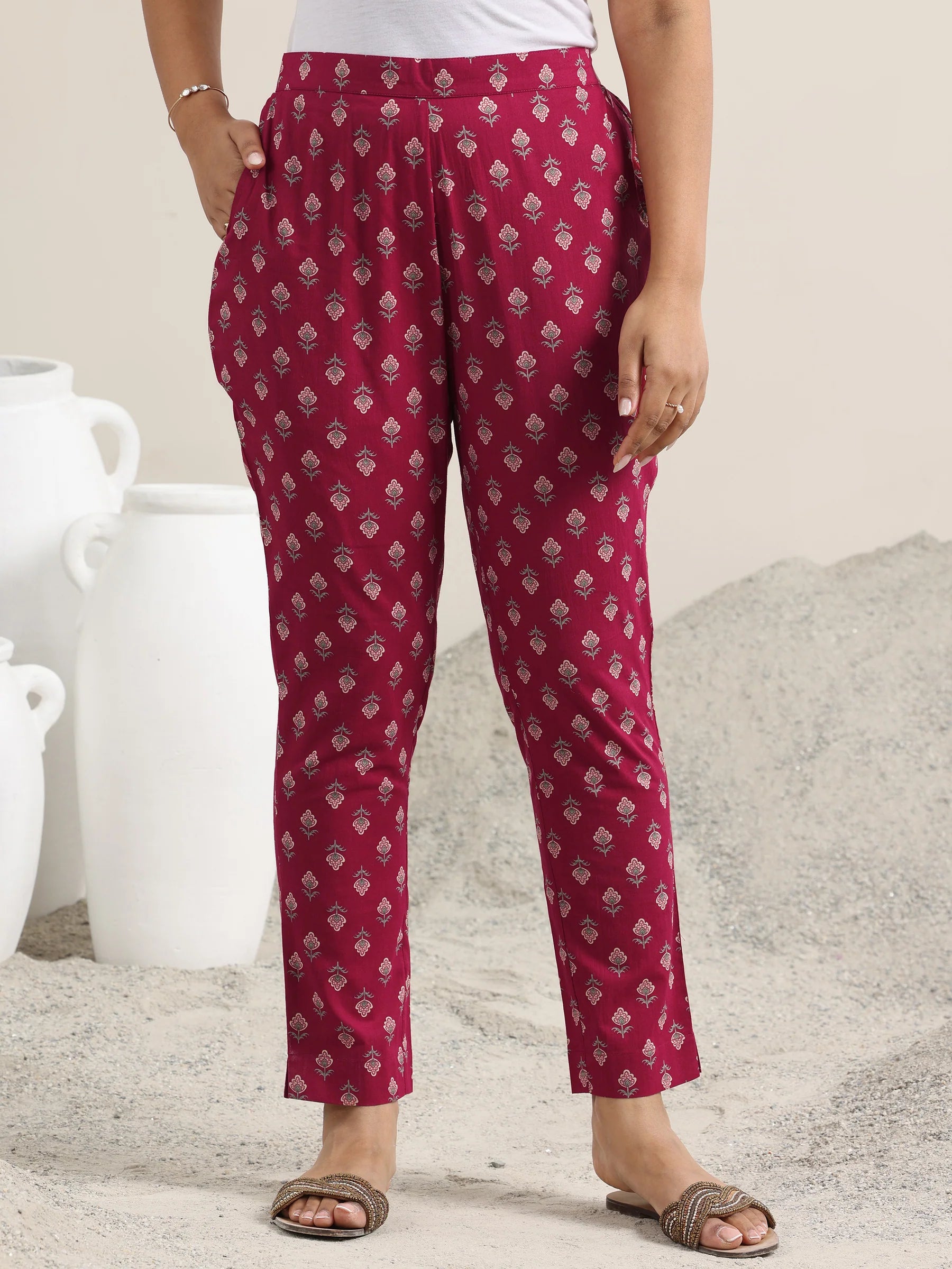 Maroon Printed Cotton Straight Suit With Dupatta