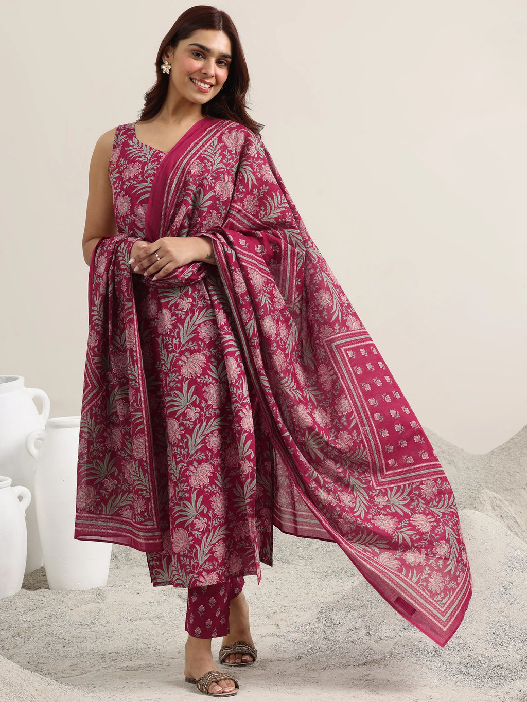 Maroon Printed Cotton Straight Suit With Dupatta