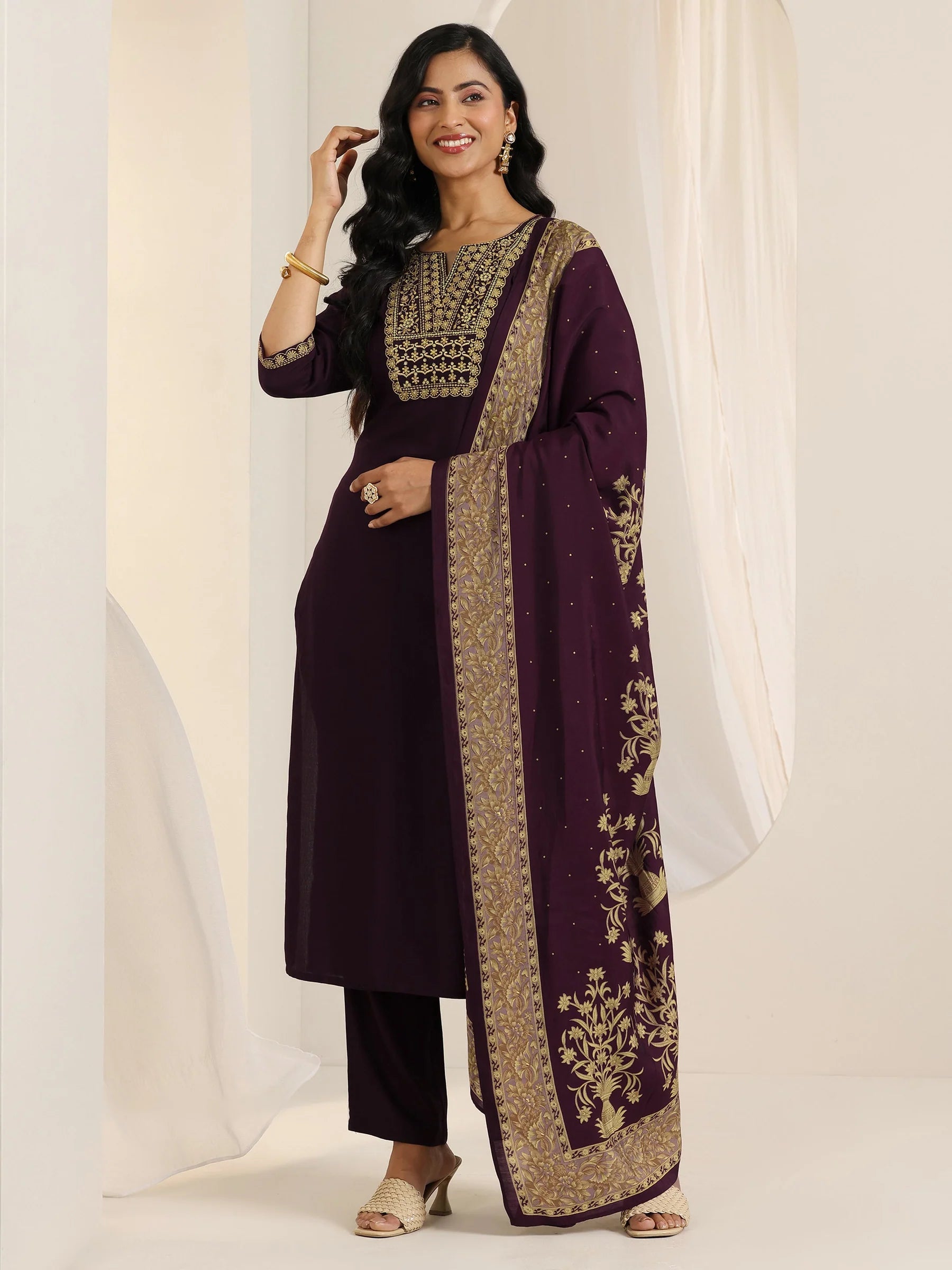 Wine Yoke Design Viscose Rayon Straight Suit Set With Dupatta