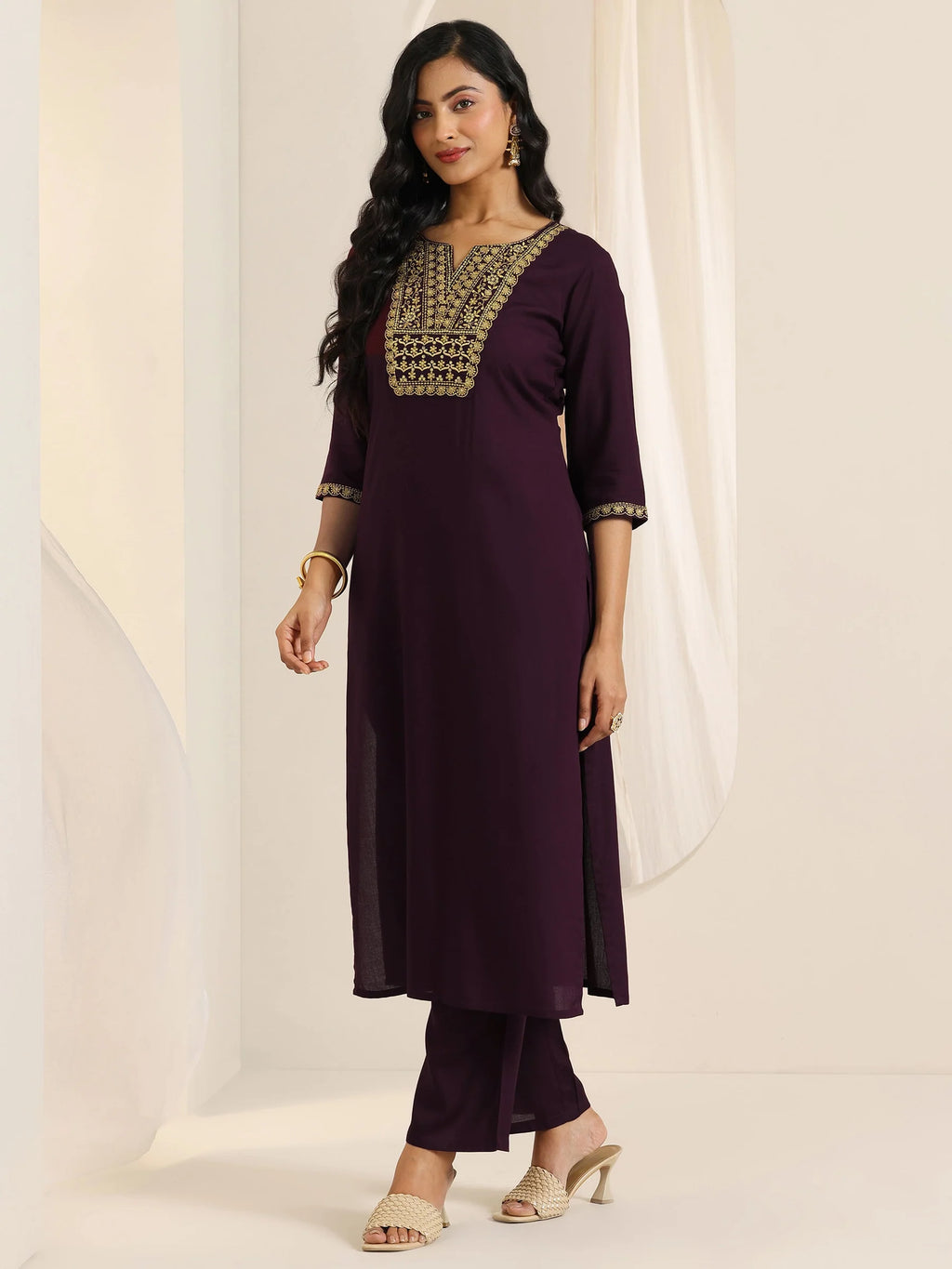 Wine Yoke Design Viscose Rayon Straight Suit Set With Dupatta