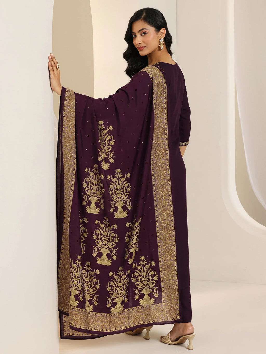 Wine Yoke Design Viscose Rayon Straight Suit Set With Dupatta
