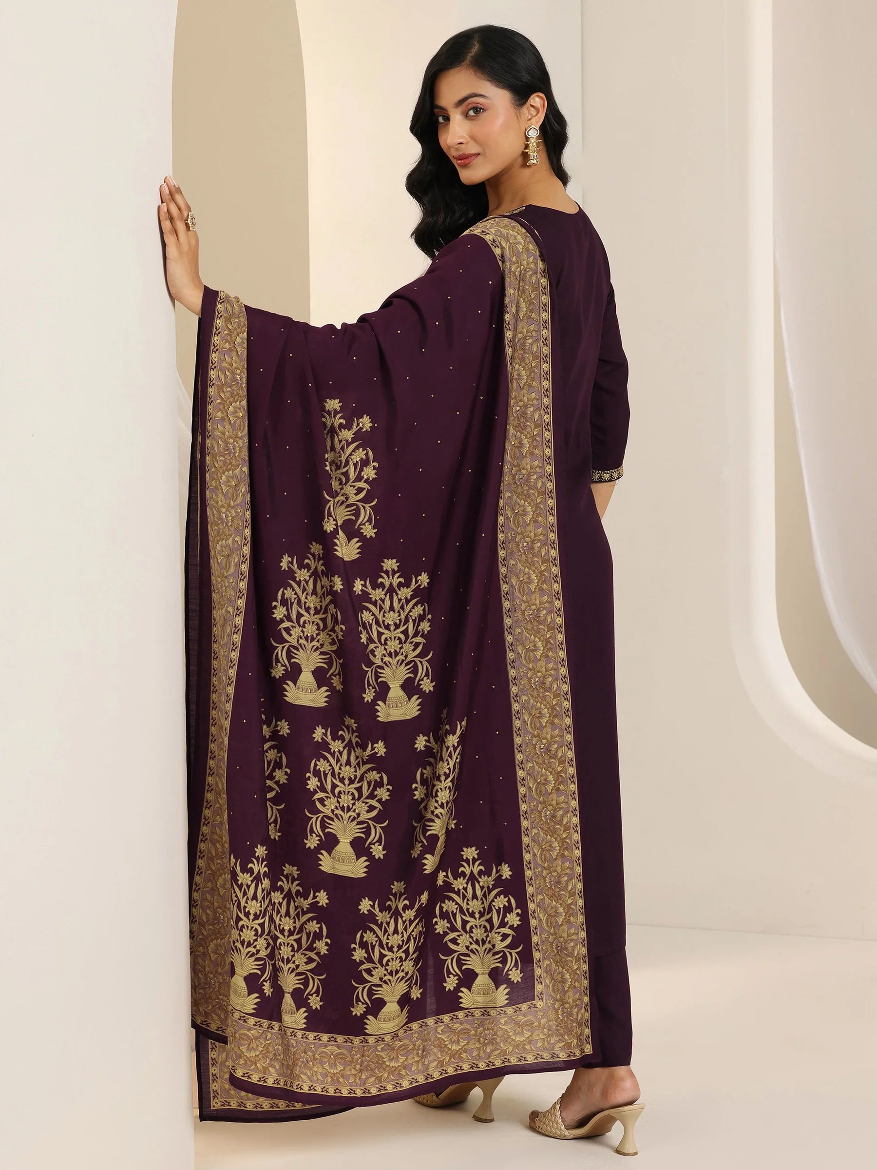 Wine Yoke Design Viscose Rayon Straight Suit Set With Dupatta