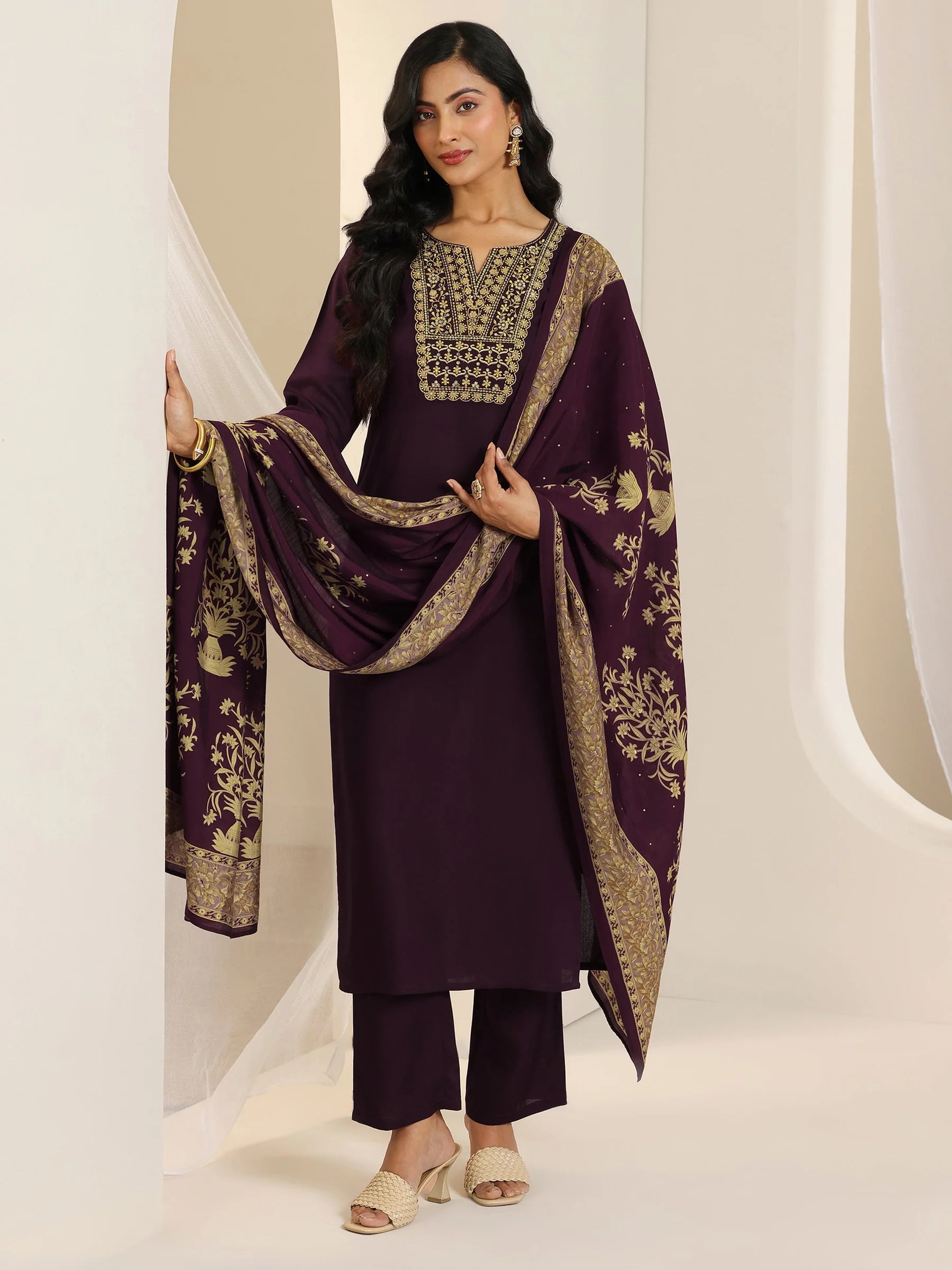 Wine Yoke Design Viscose Rayon Straight Suit Set With Dupatta