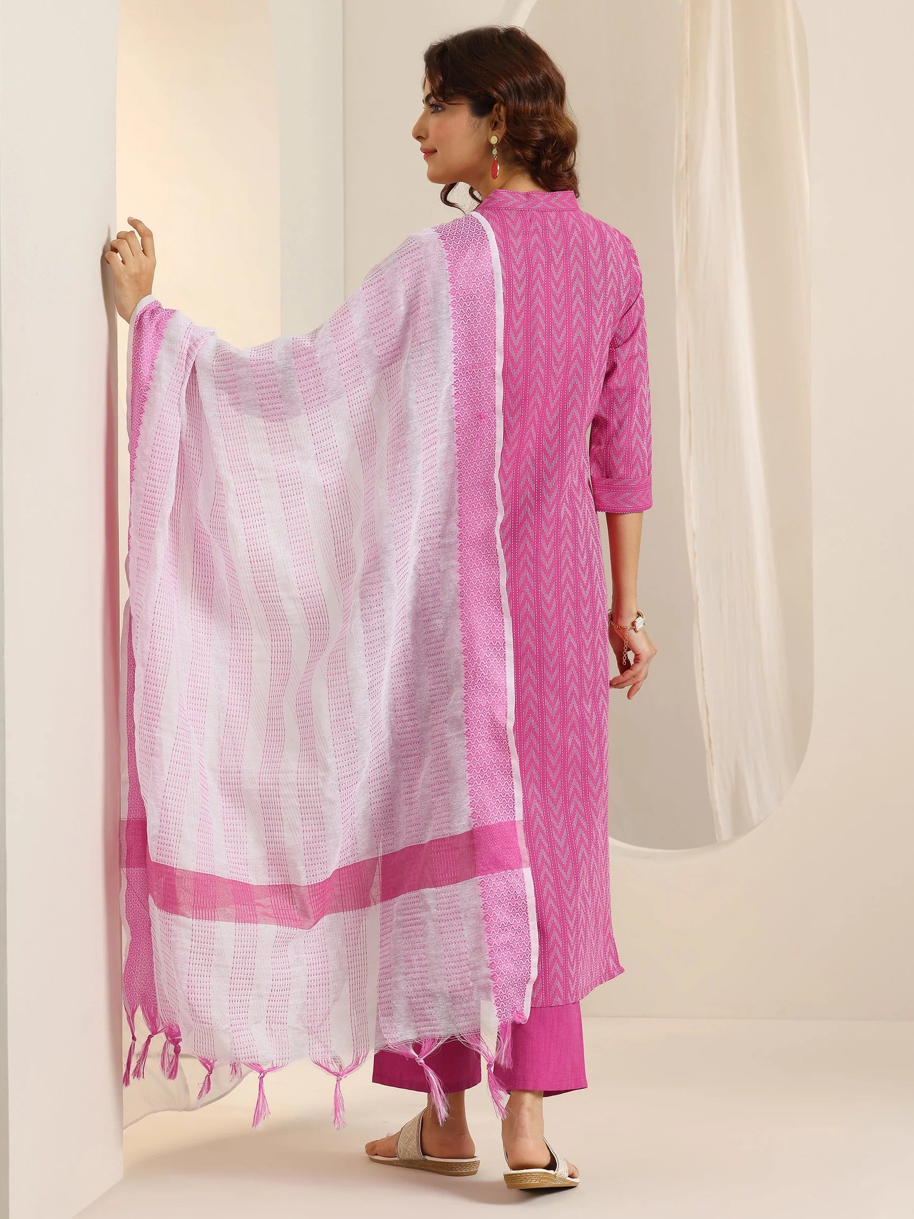 Pink & Green Combo Silk Blend Straight Suit With Dupatta