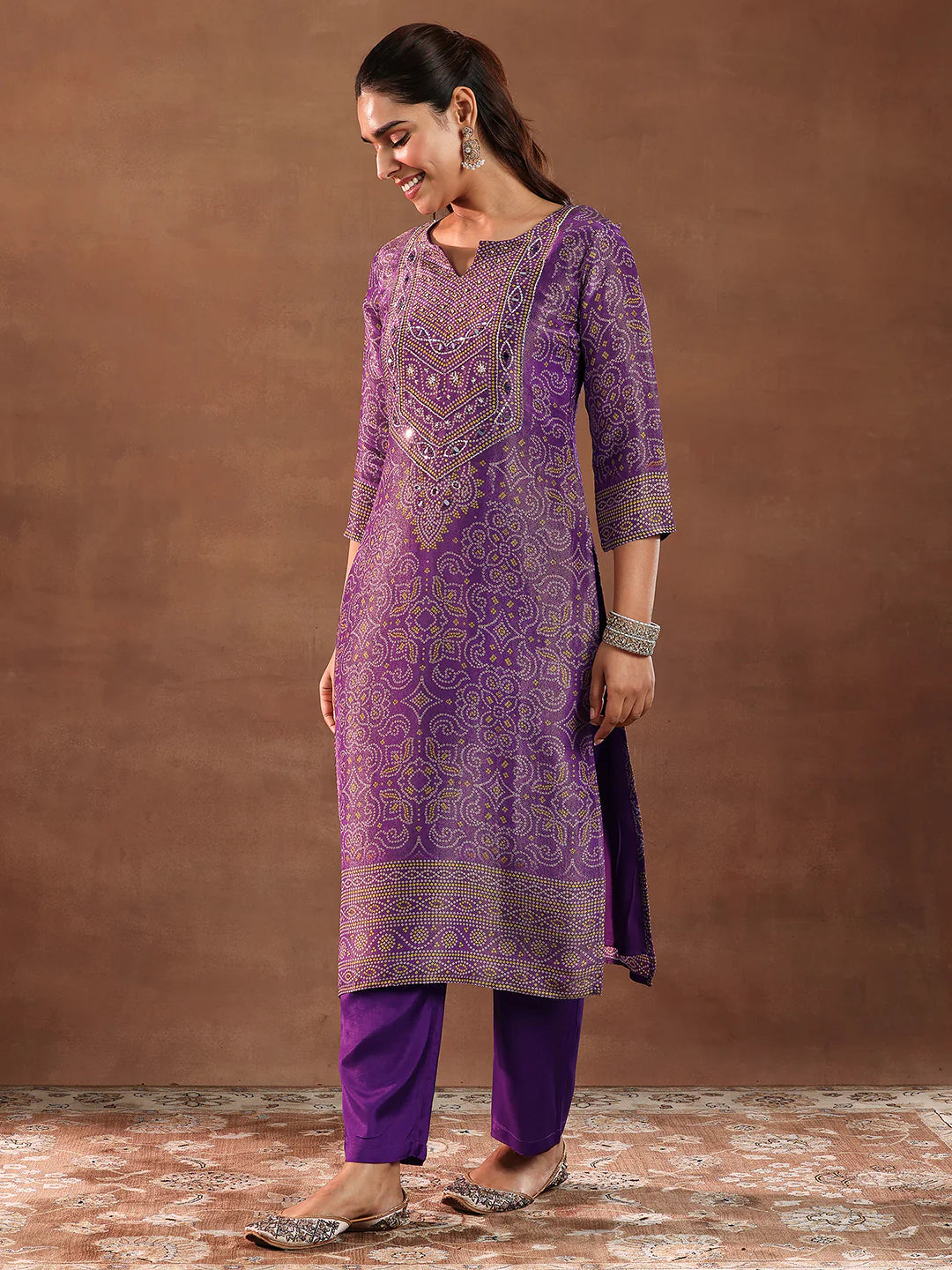Purple Printed Silk Blend Straight Suit With Dupatta