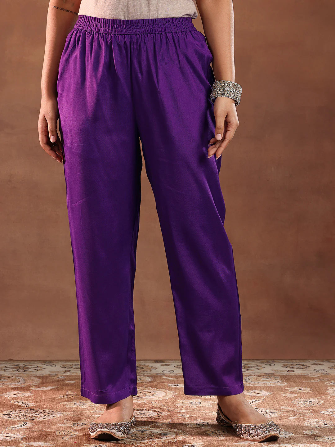 Purple Printed Silk Blend Straight Suit With Dupatta