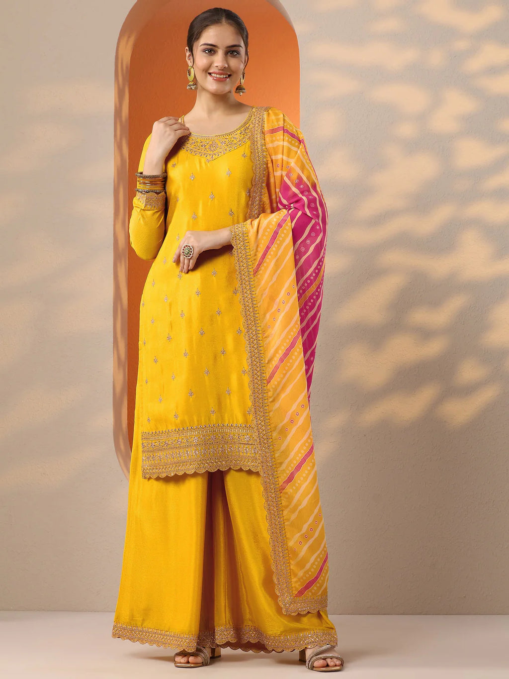 Pink and Yellow Combo Embroidered Chinon Straight Suit Set With Dupatta