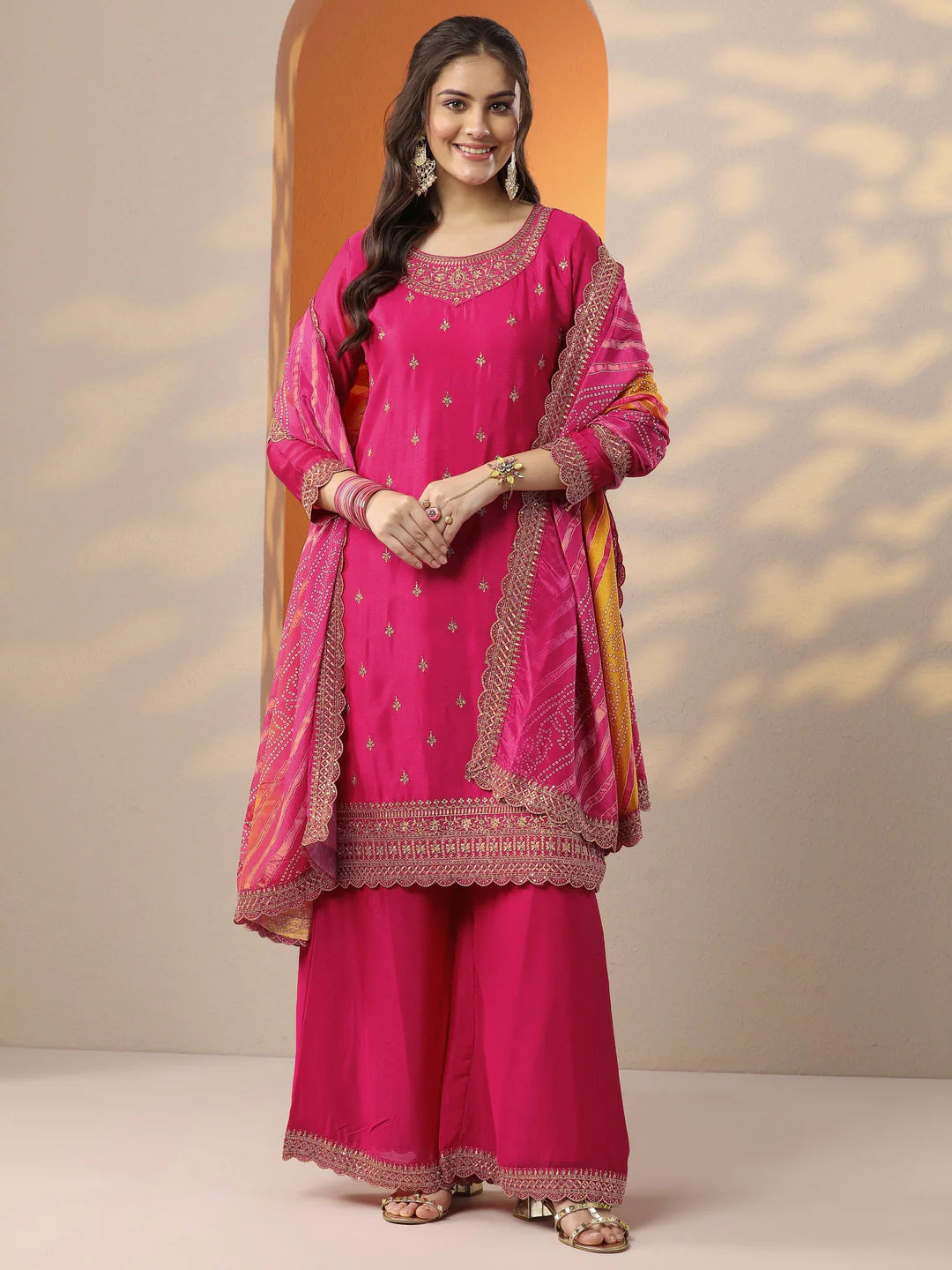 Pink and Yellow Combo Embroidered Chinon Straight Suit Set With Dupatta
