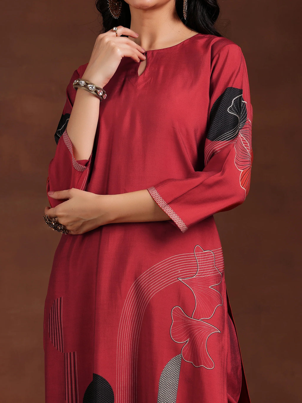 Maroon Printed Silk Blend Straight Suit With Dupatta