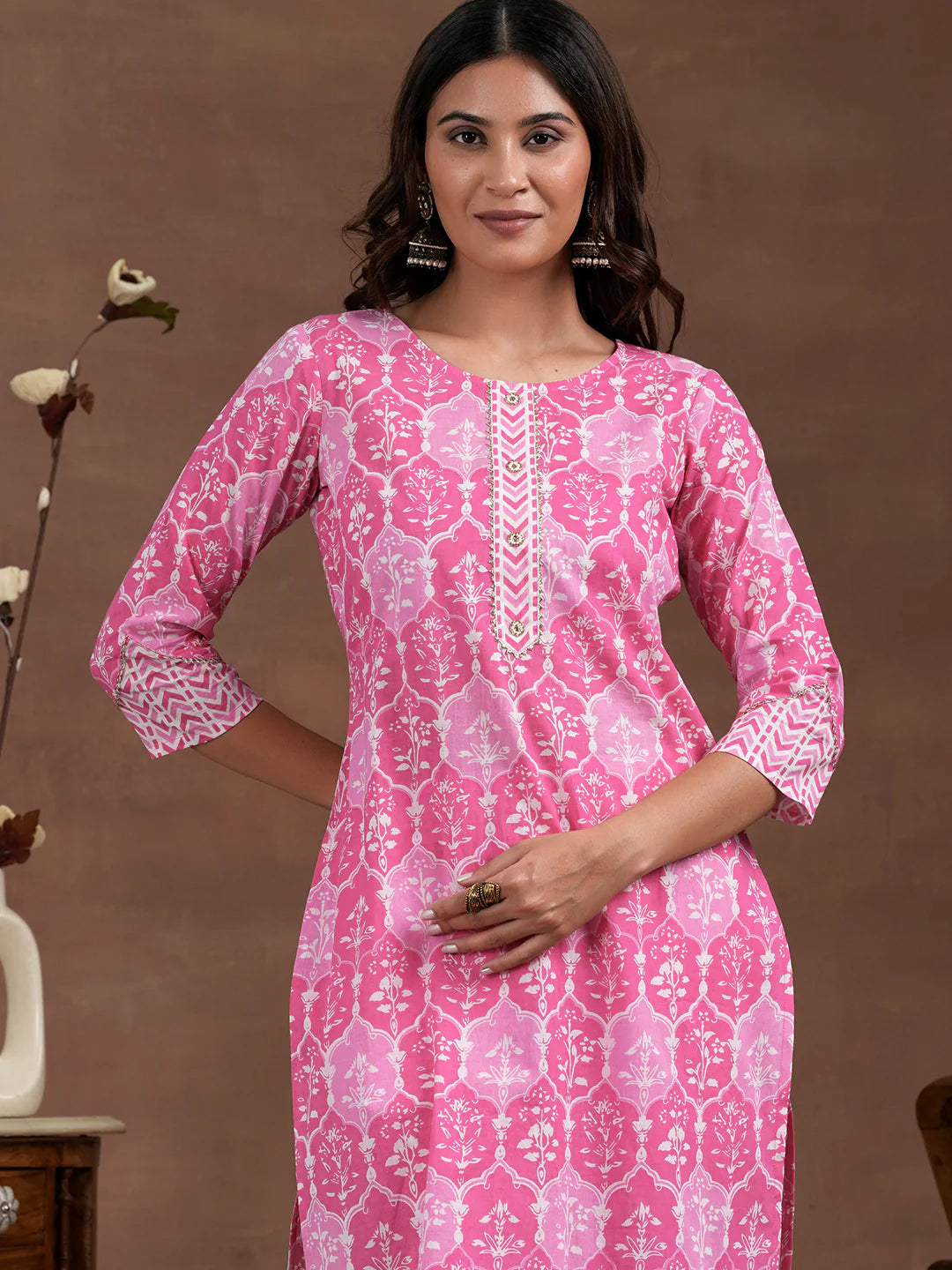 Pink Printed Cotton Straight Suit With Dupatta
