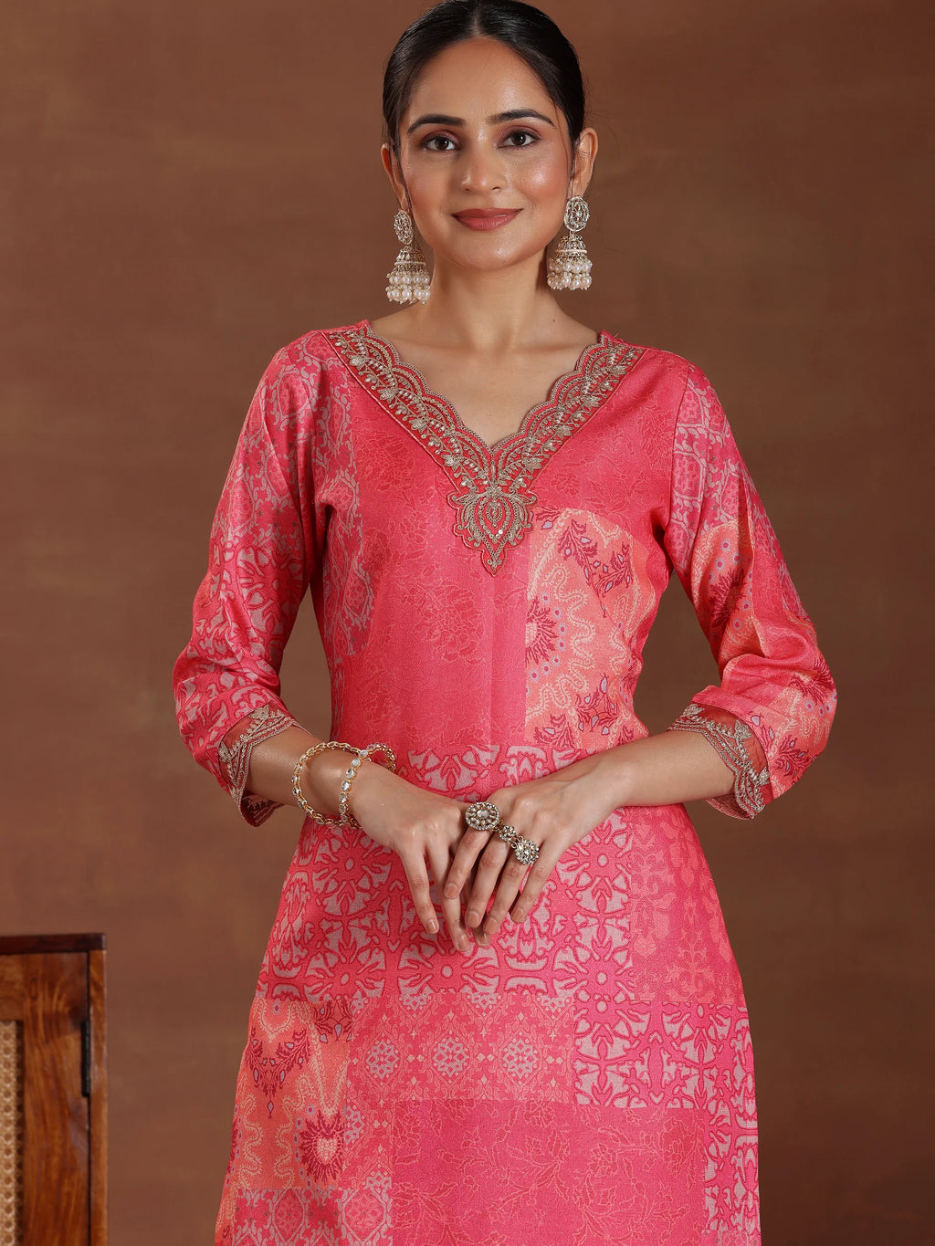Pink Printed Cotton Blend Straight Suit With Dupatta
