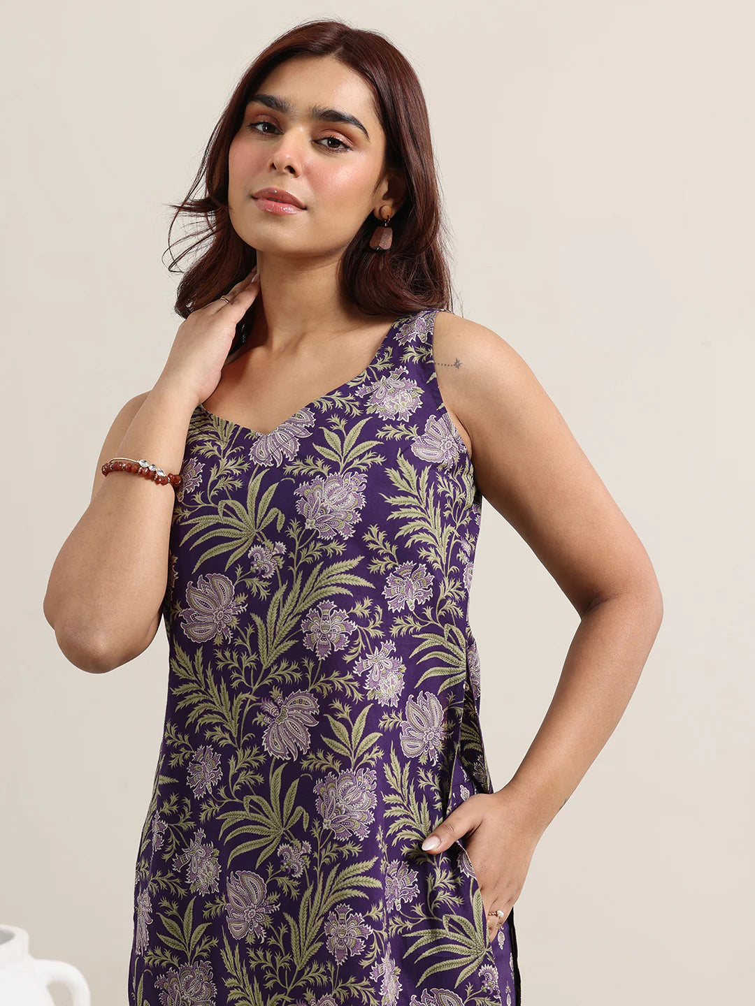 Purple Printed Cotton Straight Suit With Dupatta
