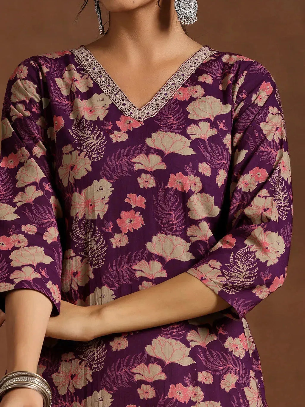 Wine Printed Cotton Straight Suit With Dupatta