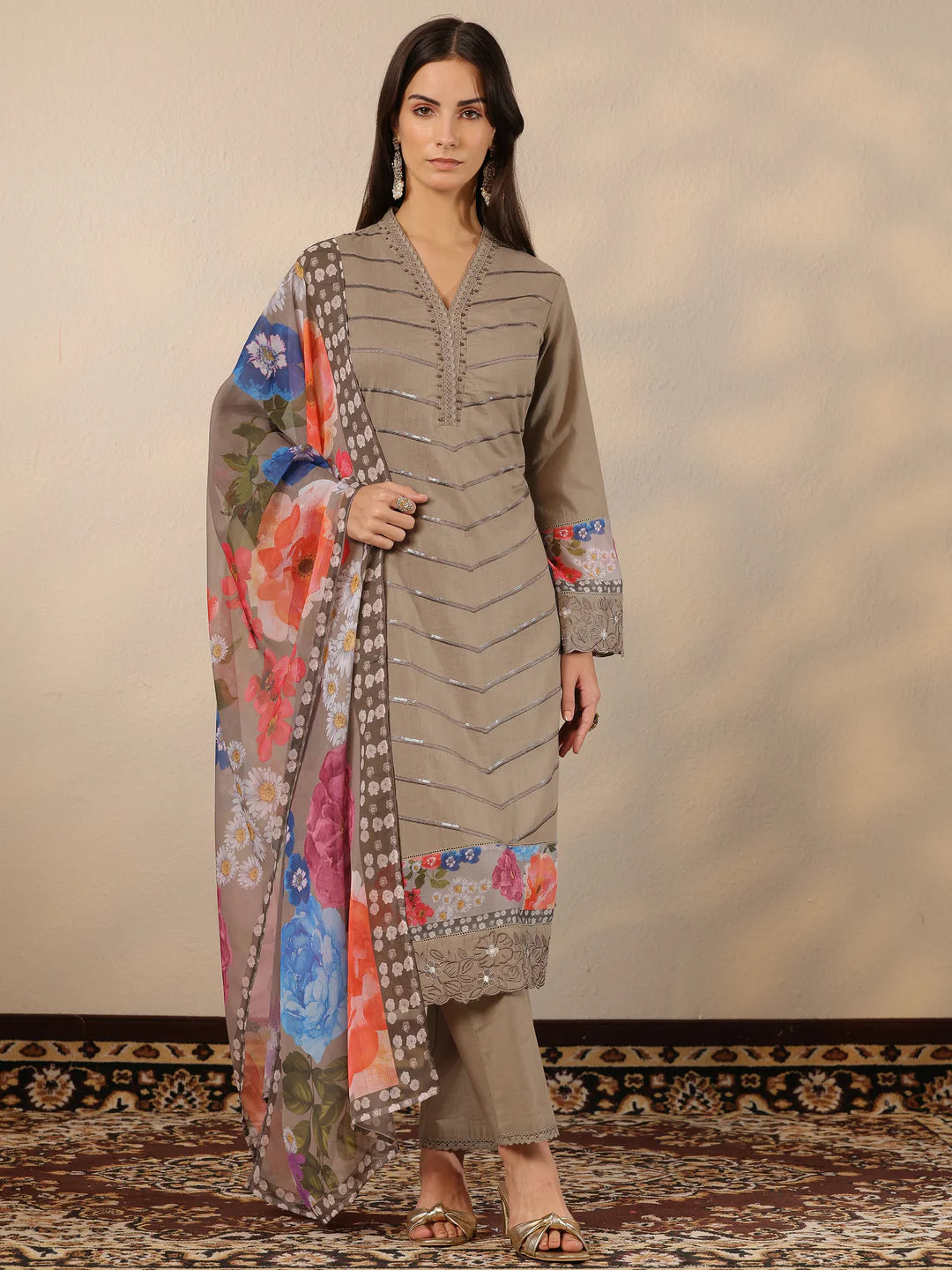 Grey & Blue Combo Embroidered Cotton Straight Suit Set With Dupatta