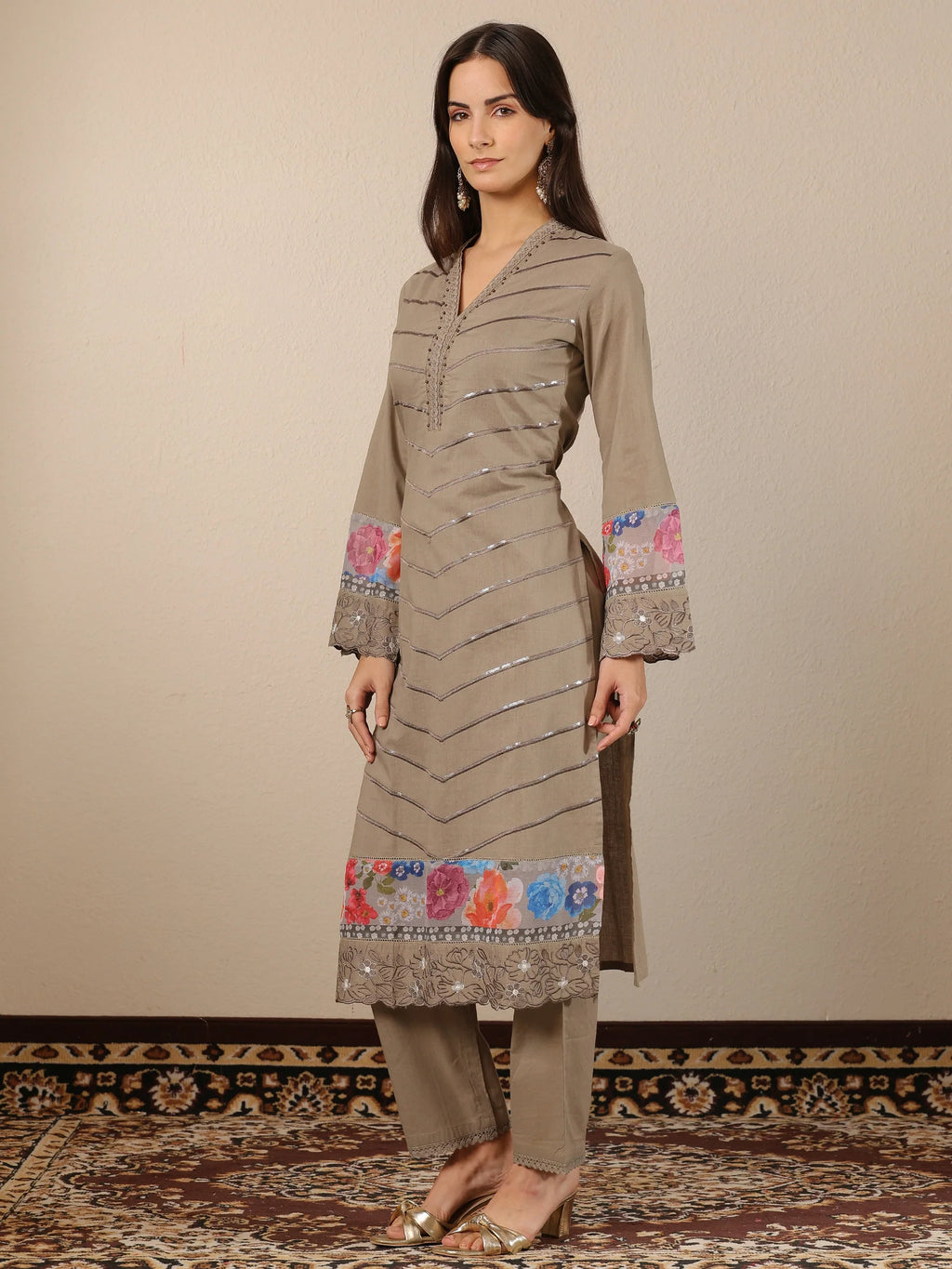 Grey & Blue Combo Embroidered Cotton Straight Suit Set With Dupatta