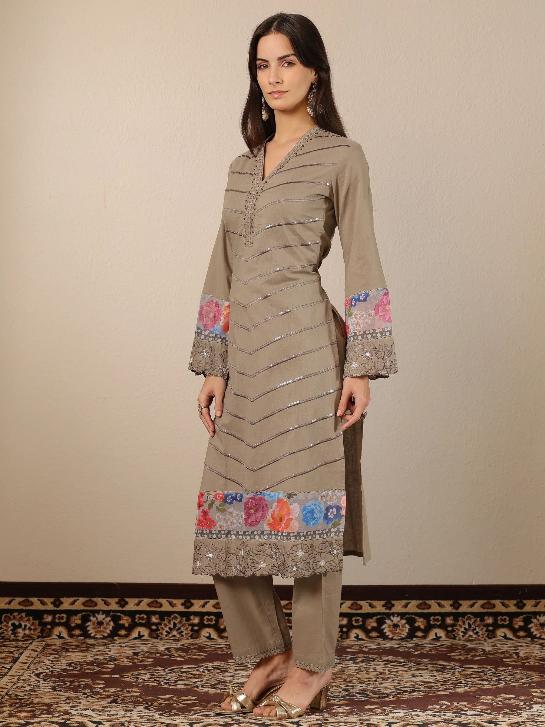 Grey & Blue Combo Embroidered Cotton Straight Suit Set With Dupatta