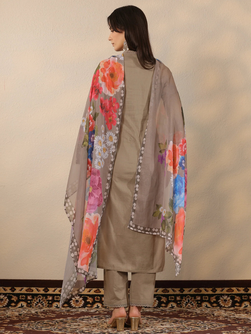 Grey & Blue Combo Embroidered Cotton Straight Suit Set With Dupatta
