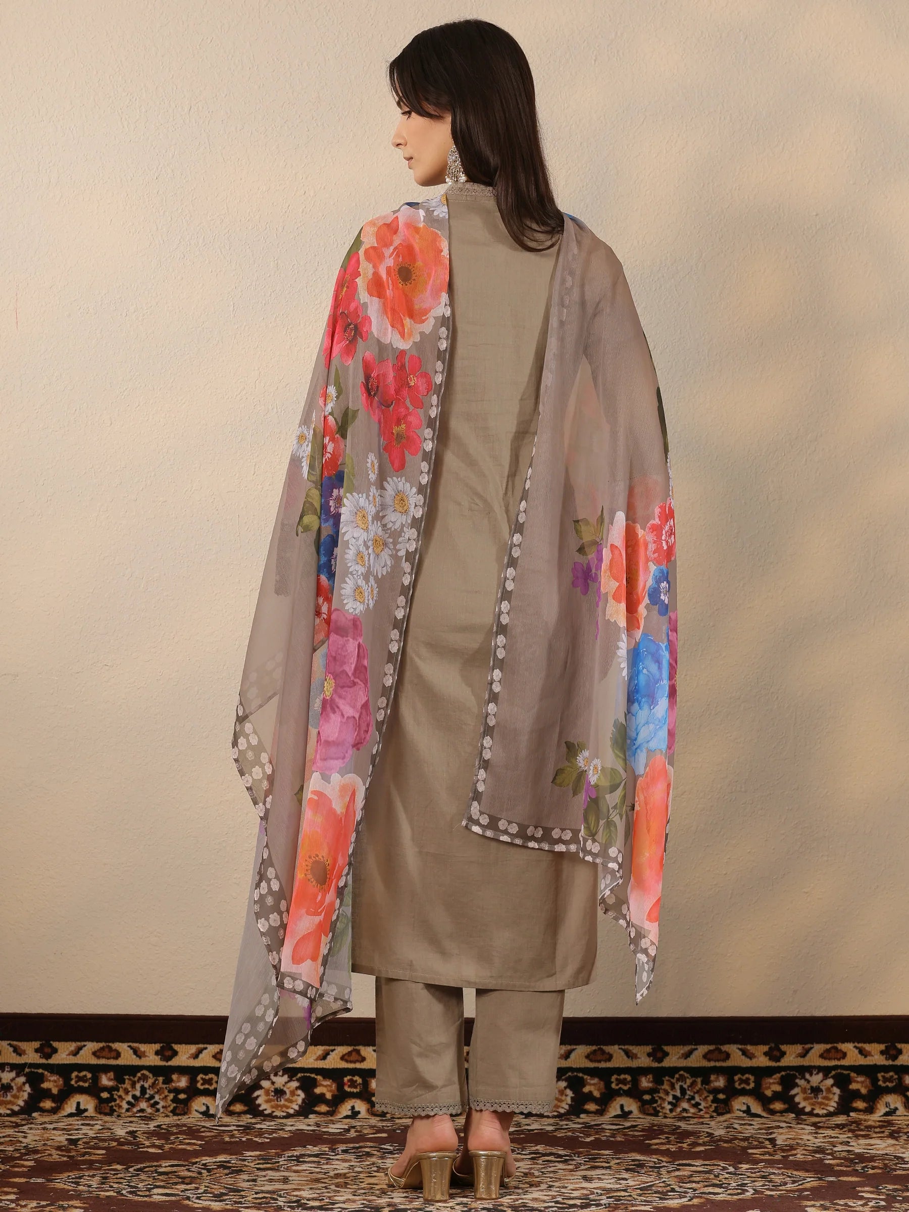 Grey & Blue Combo Embroidered Cotton Straight Suit Set With Dupatta