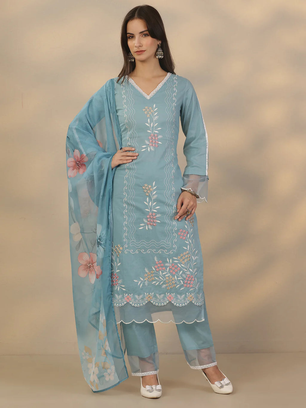 Grey & Blue Combo Embroidered Cotton Straight Suit Set With Dupatta