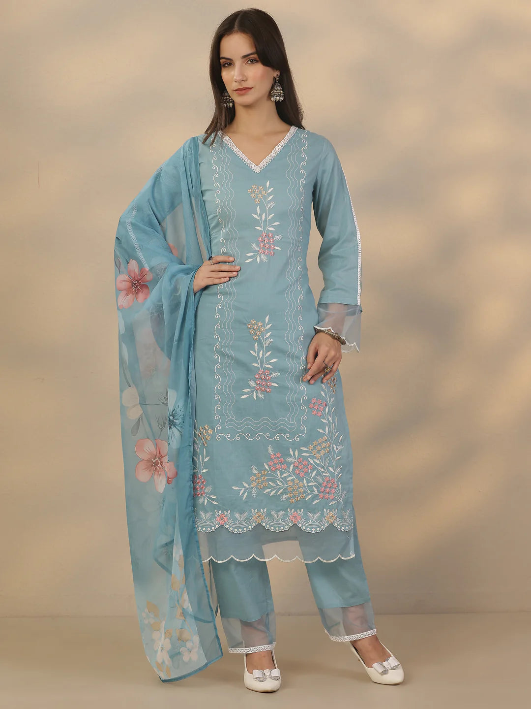 Grey & Blue Combo Embroidered Cotton Straight Suit Set With Dupatta