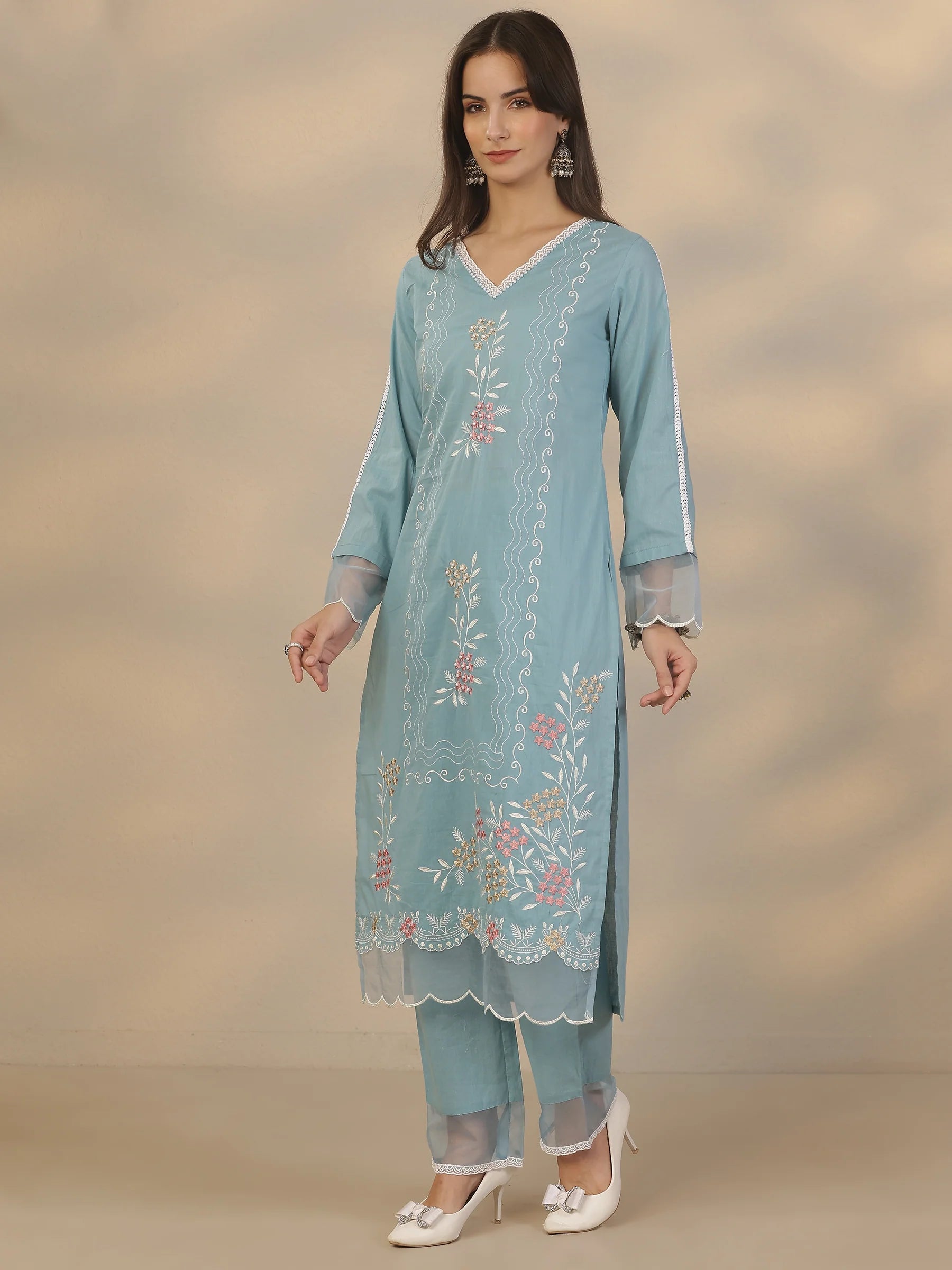 Grey & Blue Combo Embroidered Cotton Straight Suit Set With Dupatta