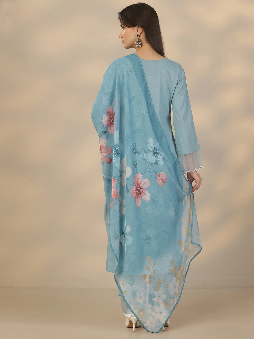 Grey & Blue Combo Embroidered Cotton Straight Suit Set With Dupatta